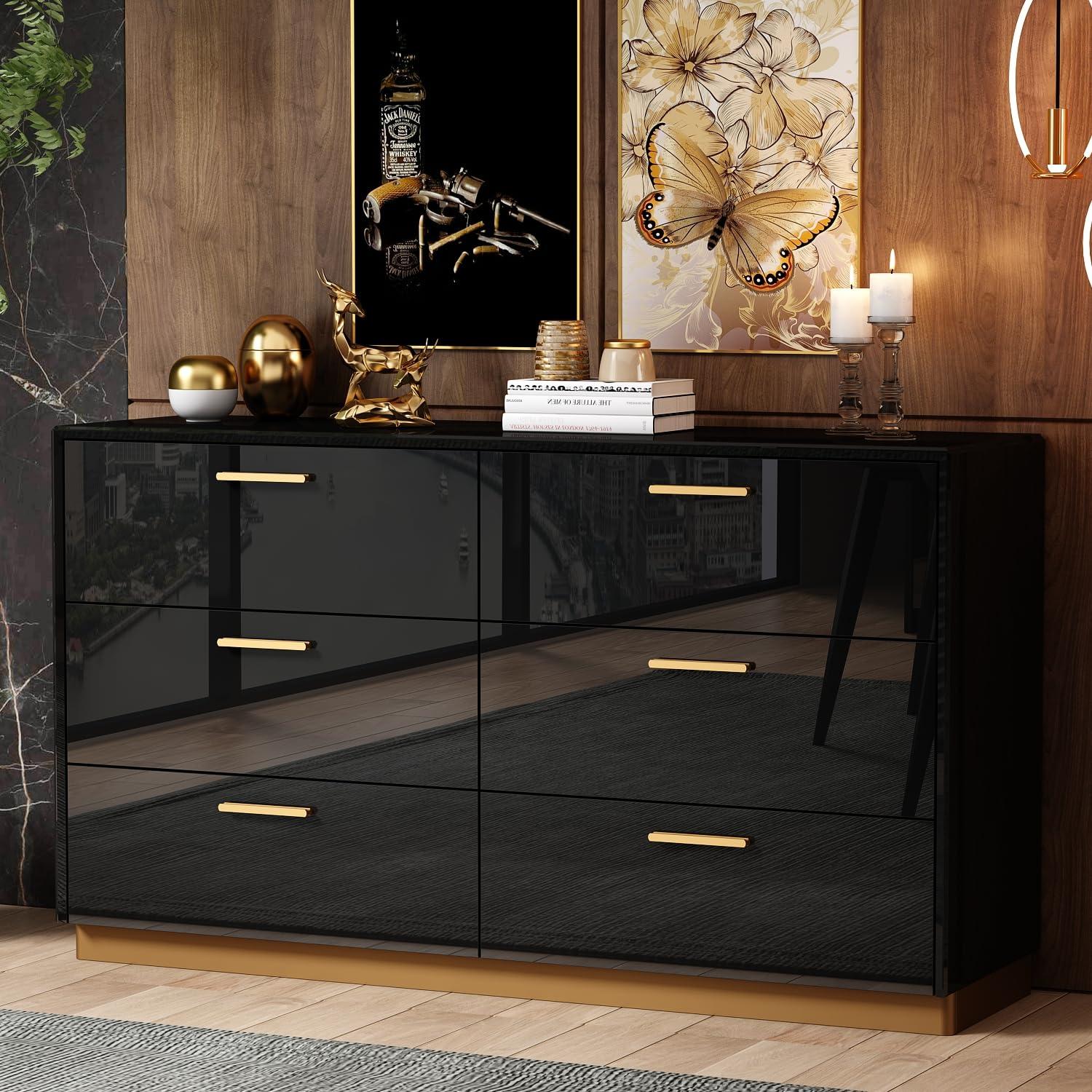 Homsee Black 55.1" L Dresser Storage Chest with 6 Drawers & High Glossy Surface, Wood Double Dresser Chest with Metal Handles for Bedroom, Living Room & Hallway