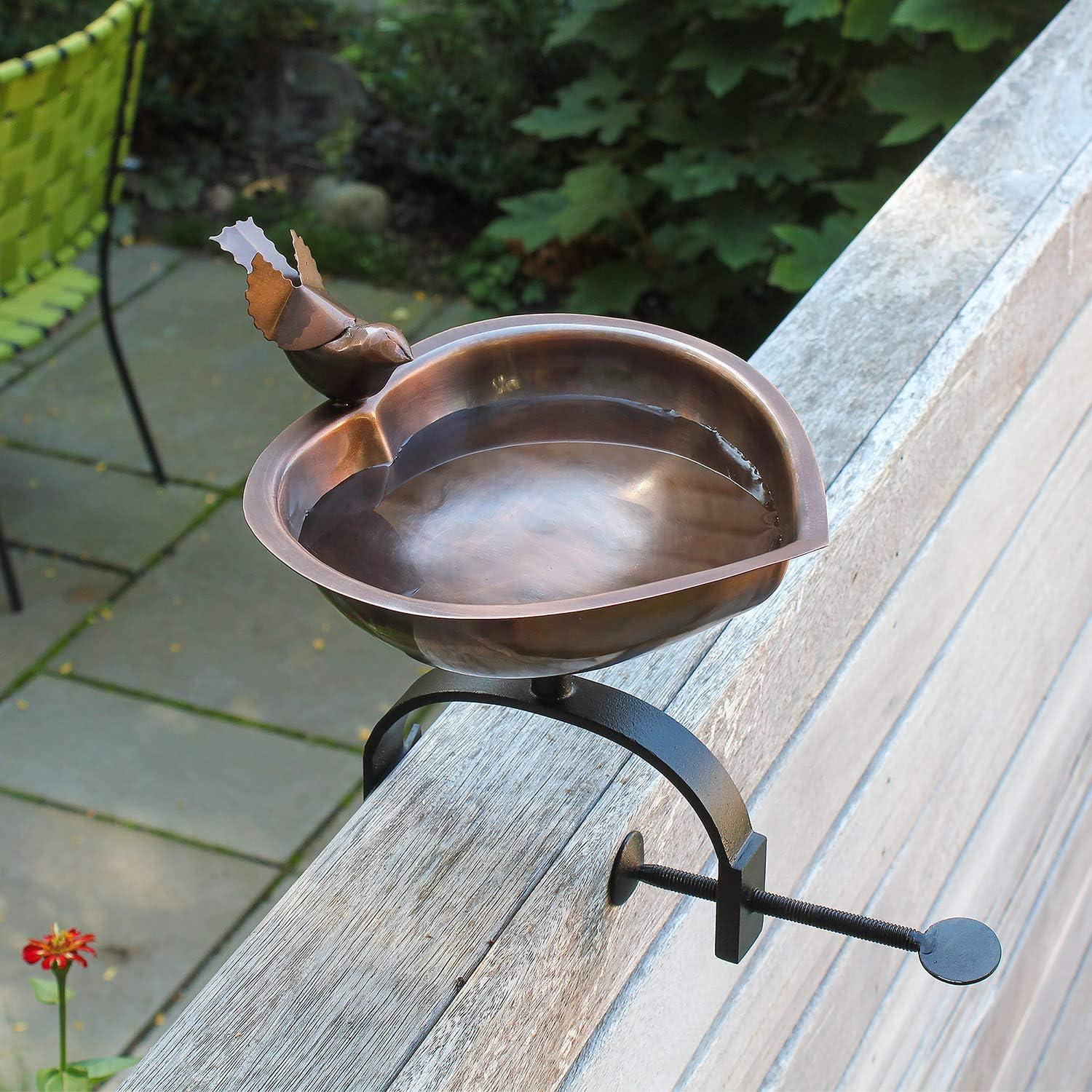 11" Heart Shaped Birdbath Bowl with Over Rail Bracket Antique Copper - ACHLA Designs: Weather-Resistant Steel, Deck Mount, No Assembly Required