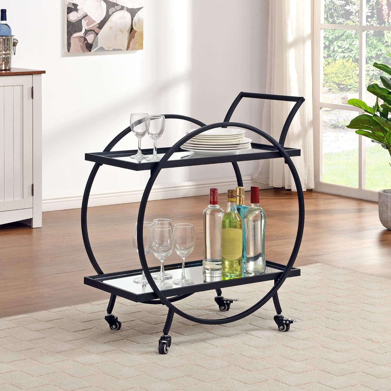Odessa Glam Black Metal Round Bar Cart with Mirrored Shelves