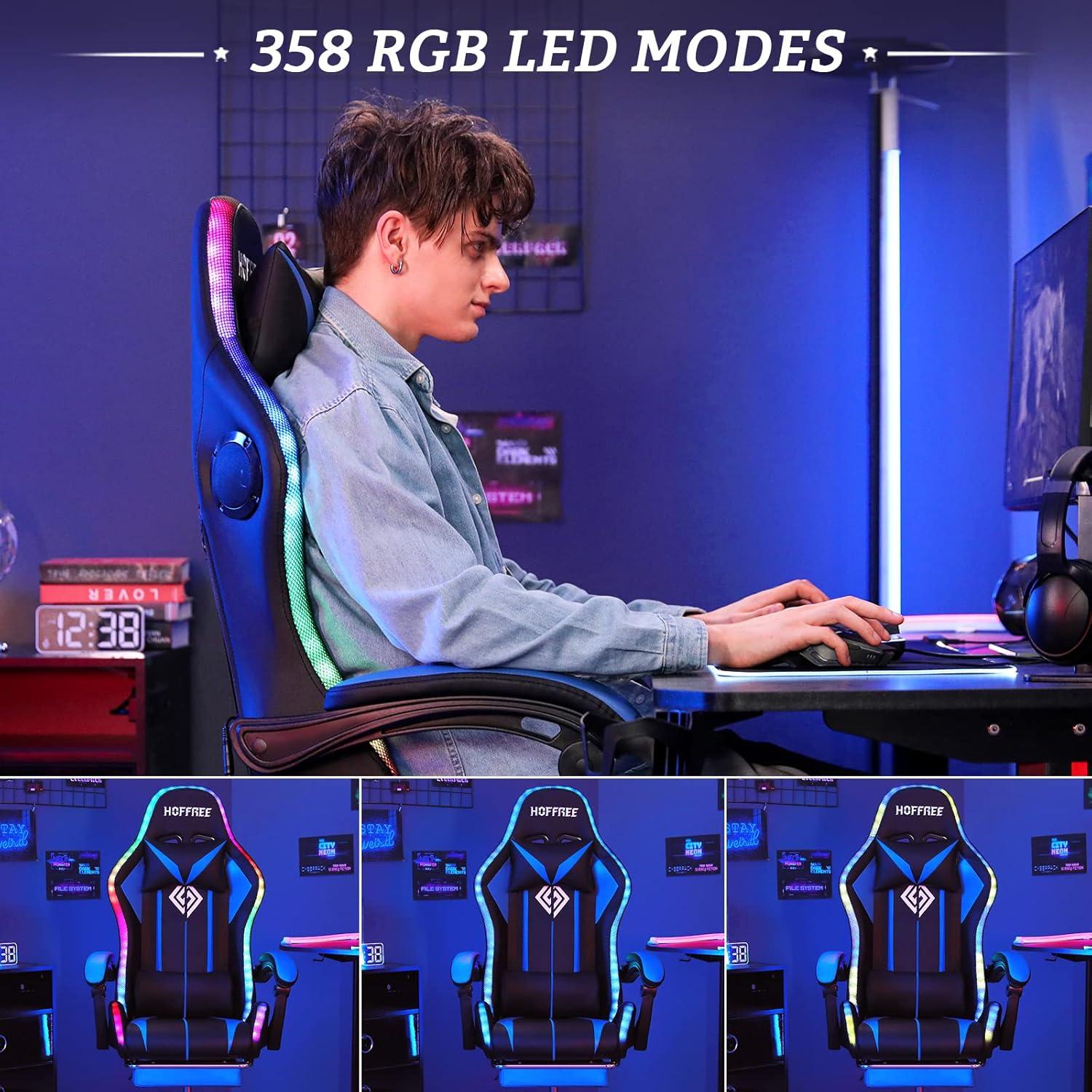 Gaming Chair with Bluetooth Speakers and RGB LED Lights Ergonomic Massage Video Game Chair with Footrest High Back with Lumbar Support Blue and Black
