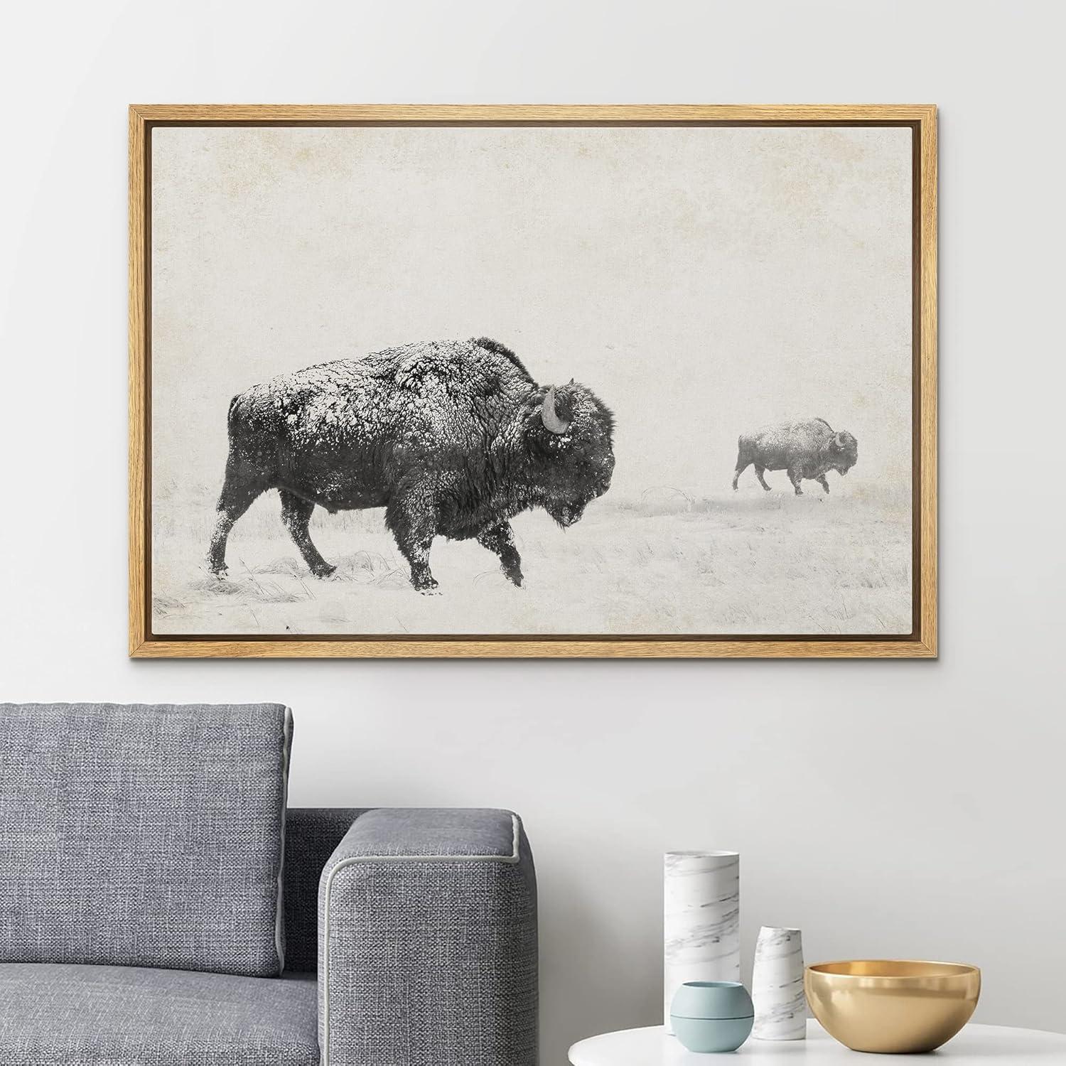 Black and White Bison Landscape Canvas Print with Natural Frame