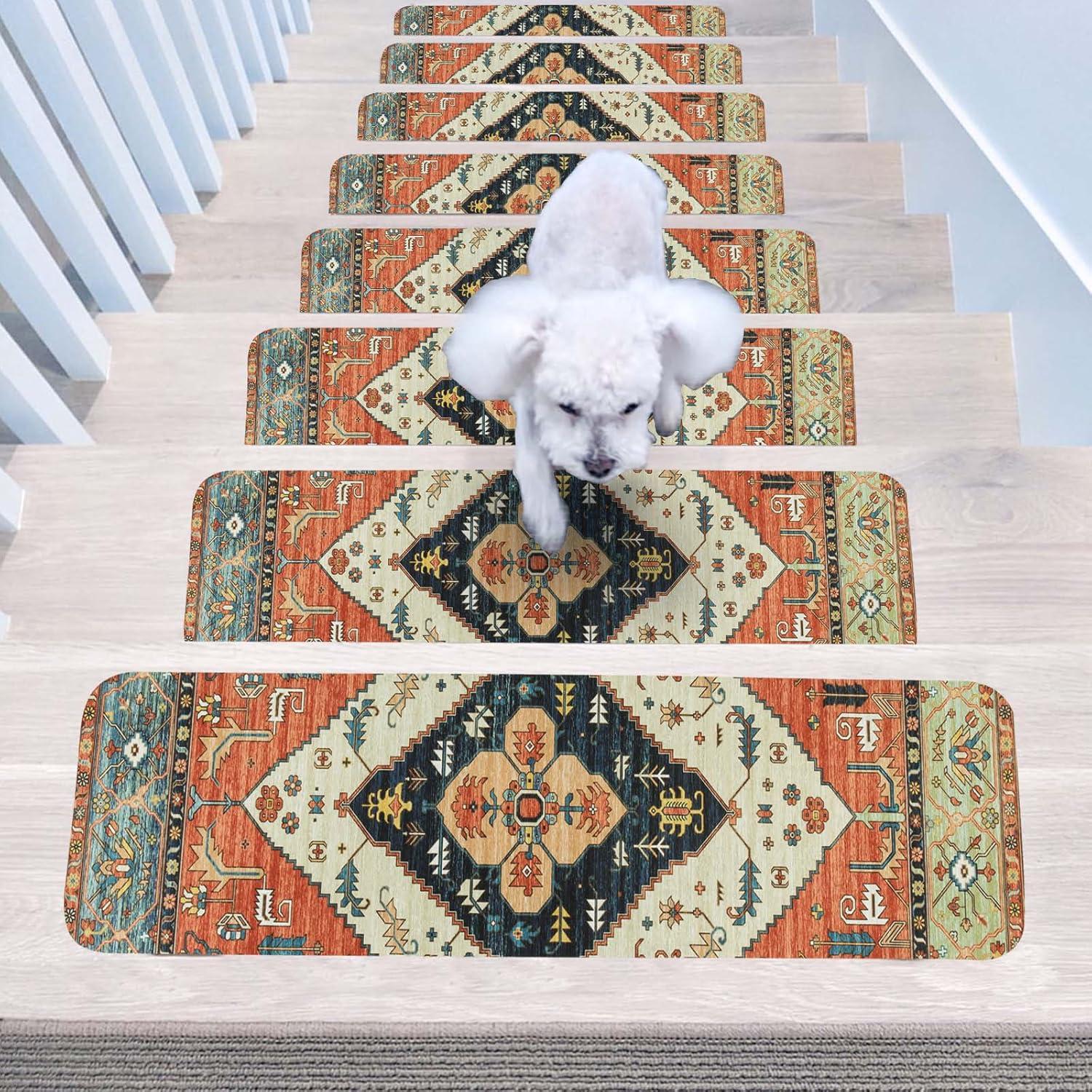 Bohemian Multicolor Non-Slip Stair Treads with Rubber Backing, Set of 15