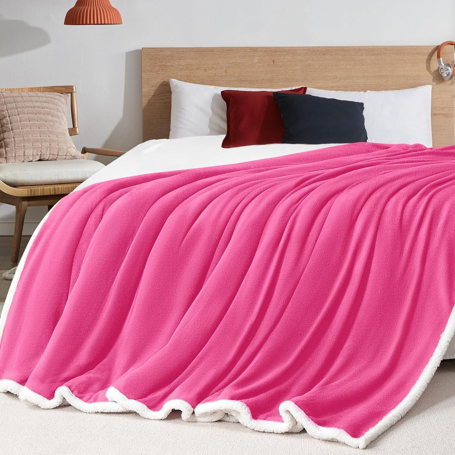 Queen Pink Reversible Sherpa Fleece Throw Blanket