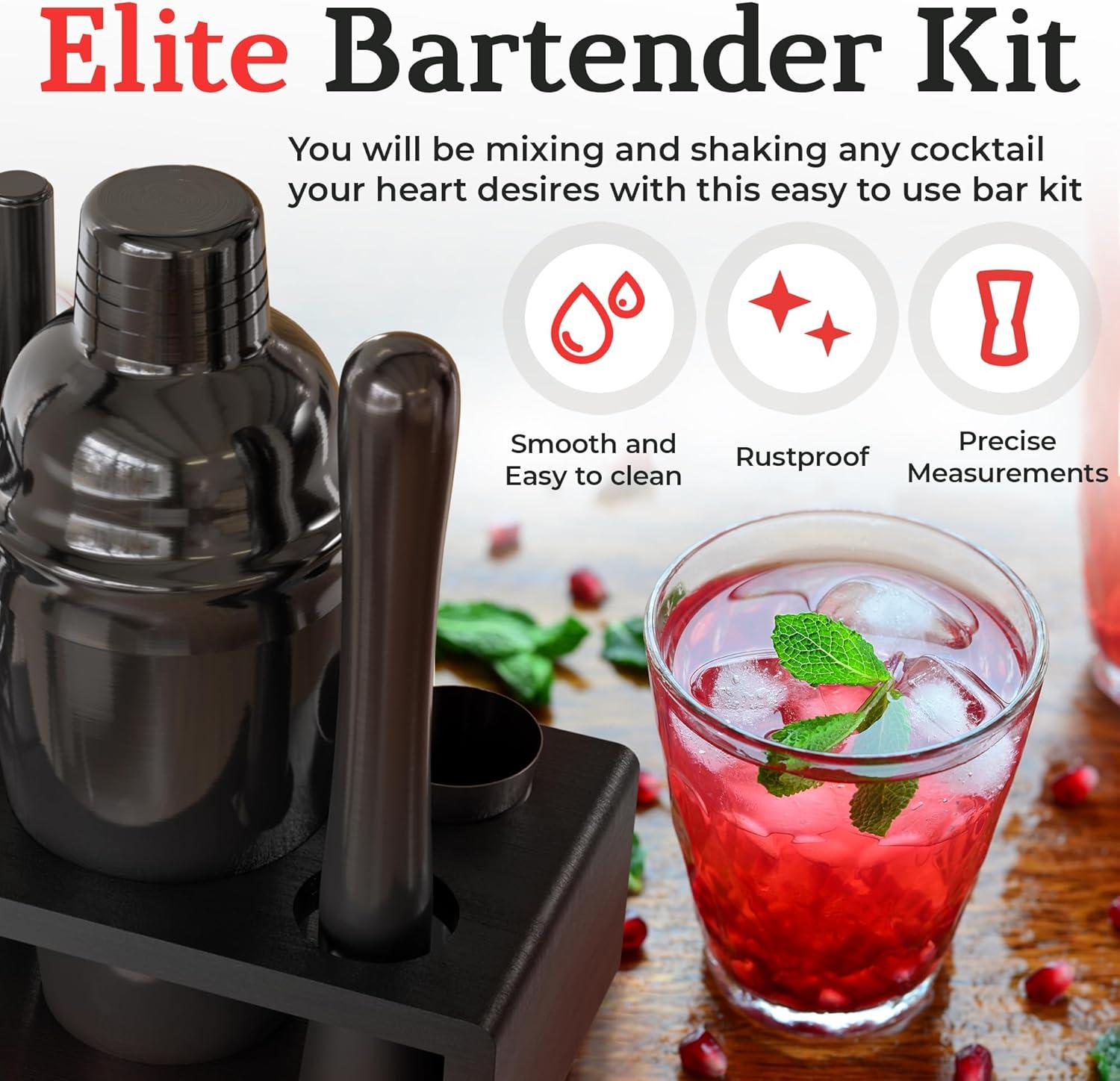 Gunmetal Stainless Steel Bartender Kit with Black Bamboo Stand