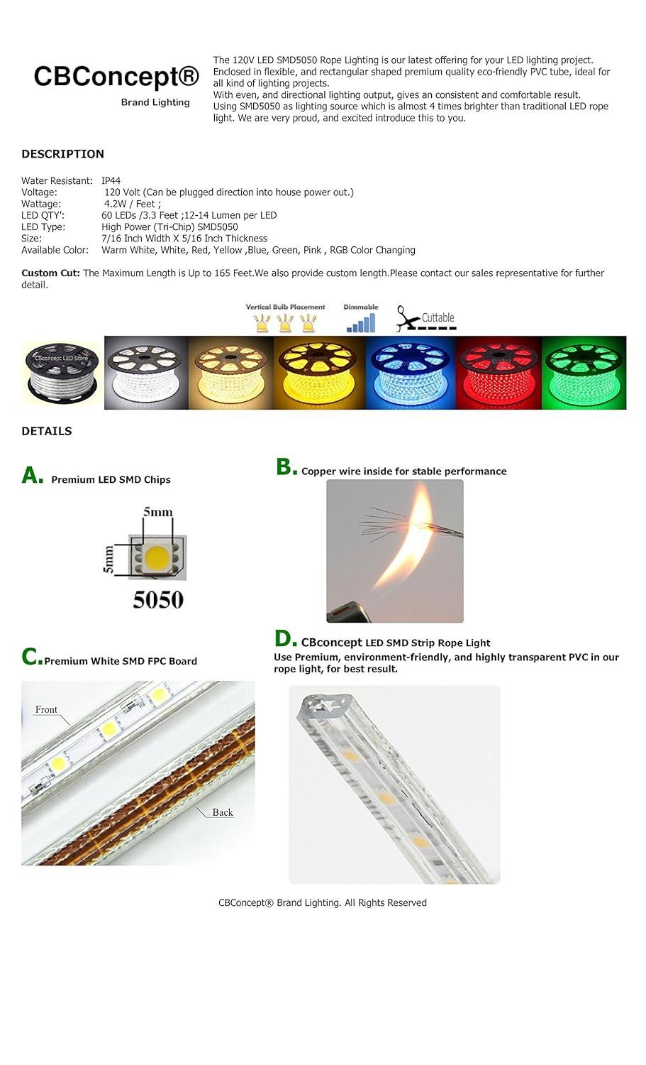 CBConcept UL Listed, 50 Feet, 5500 Lumen, 3000K Warm White, Dimmable, 110-120V AC Flexible Flat LED Strip Rope Light, 930 Units 3528 SMD LEDs, Indoor/Outdoor Use, Accessories Included, [Ready to use]
