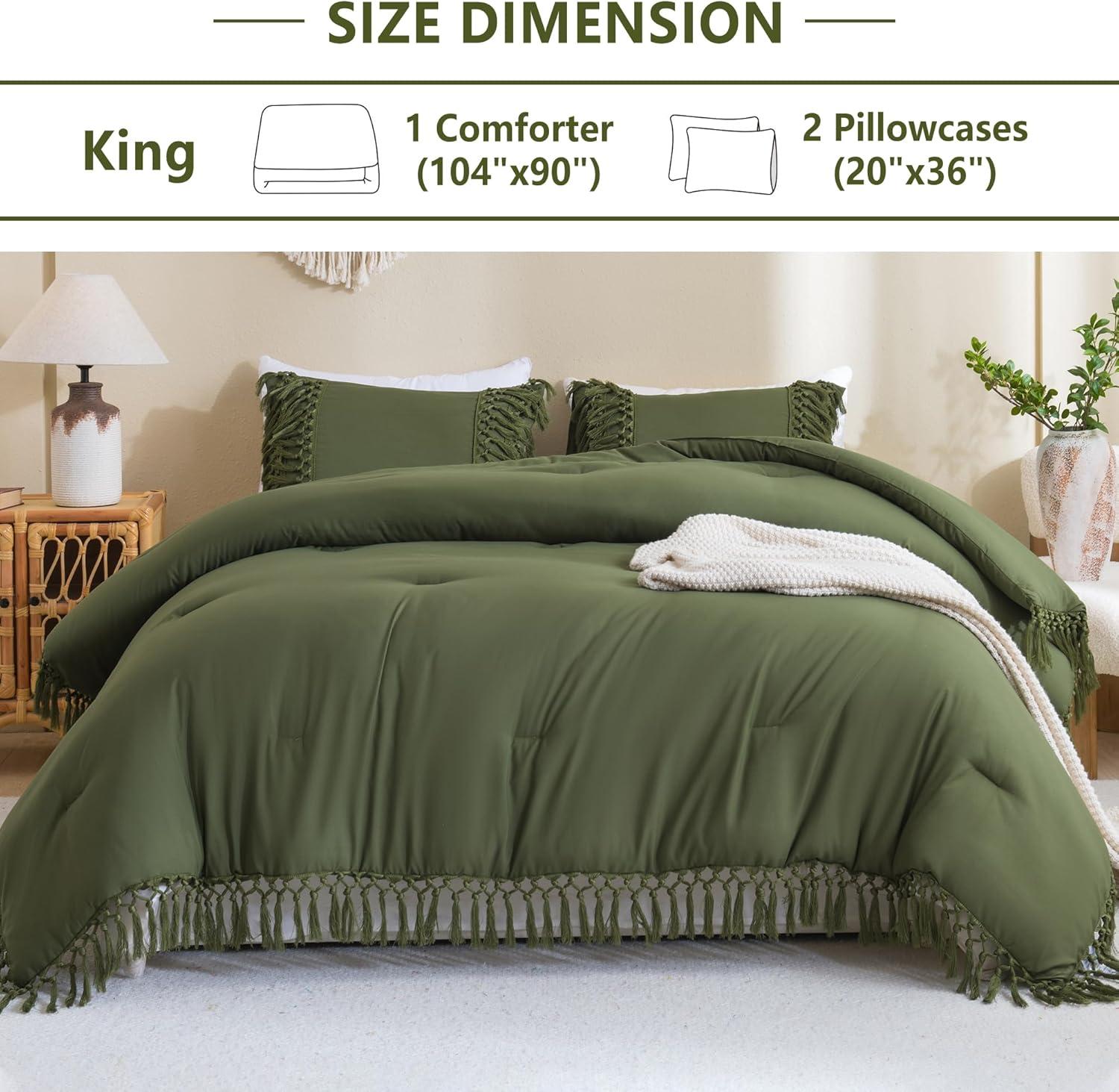 Sage Green King Microfiber Boho Tassel Comforter Set