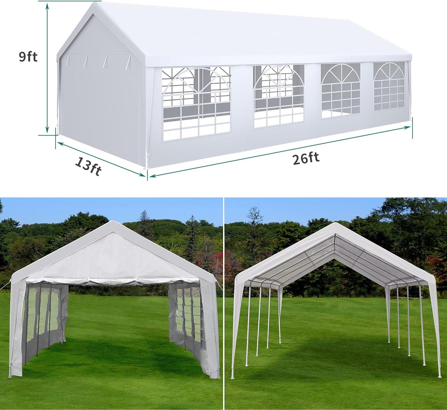 Dextrus 13' x 26' Heavy Duty Gazebo Outdoor Party Tent Canopy Carport Shelter with Removable Sidewall Windows, White