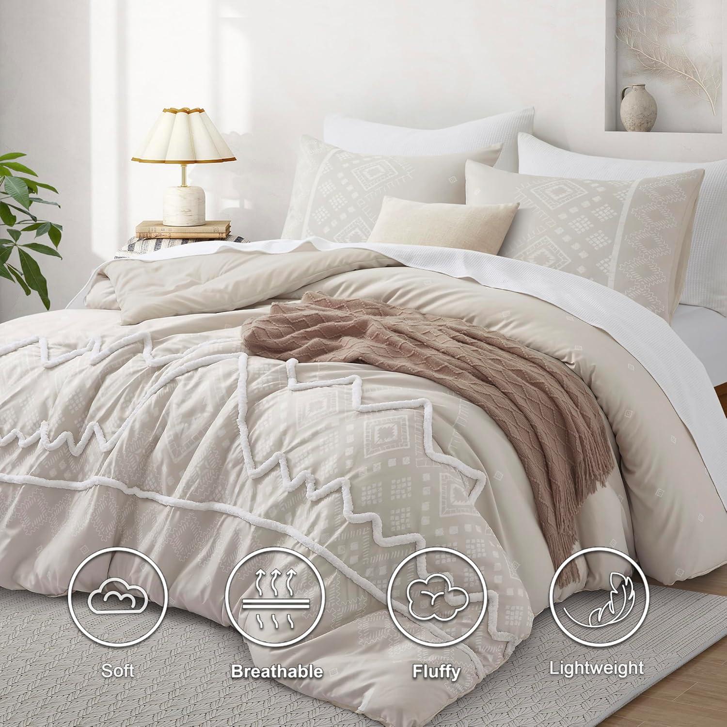 Oli Anderson Cream King Comforter Set Tufted Bedding Set King 3 Pieces, Boho Shabby Chic Comforter with 2 Pillowcases (Cream,King)