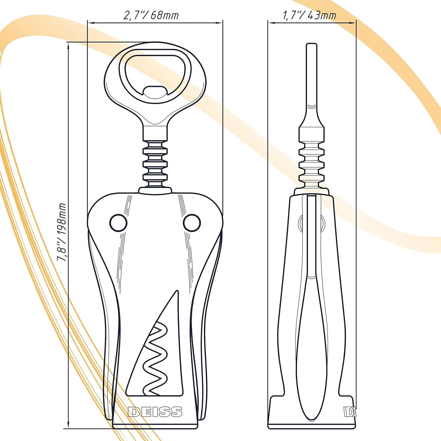 DEISS Deiss Lux Wine Opener, All-metal Wing Corkscrew Wine Bottle Opener With Built-in Beer Bottle Opener - Ergonomic Cork Screw Wine Corker, Silver Matte Coating, Velvet Storage Pouch, Perfect Wine Gift