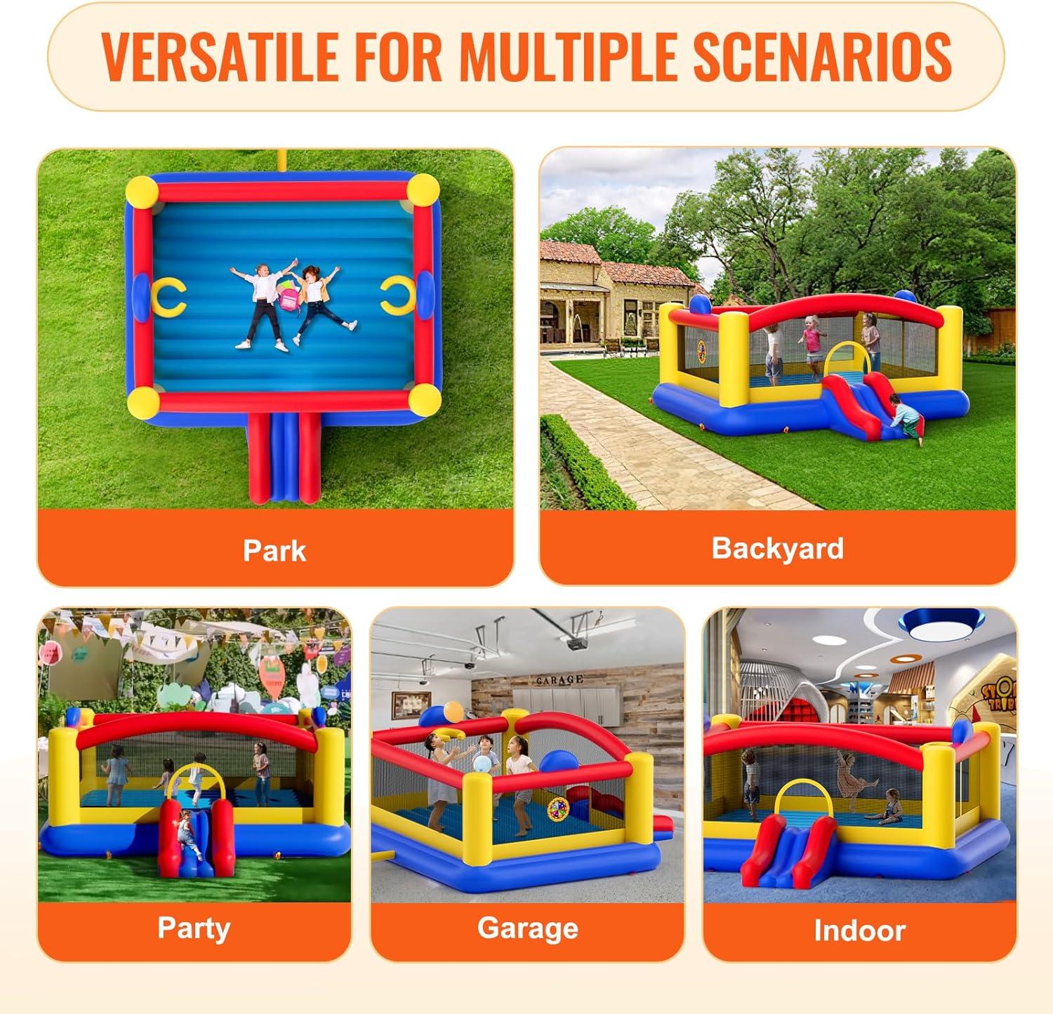 Large Multicolor Inflatable Bounce House with Slide and Basketball Hoop
