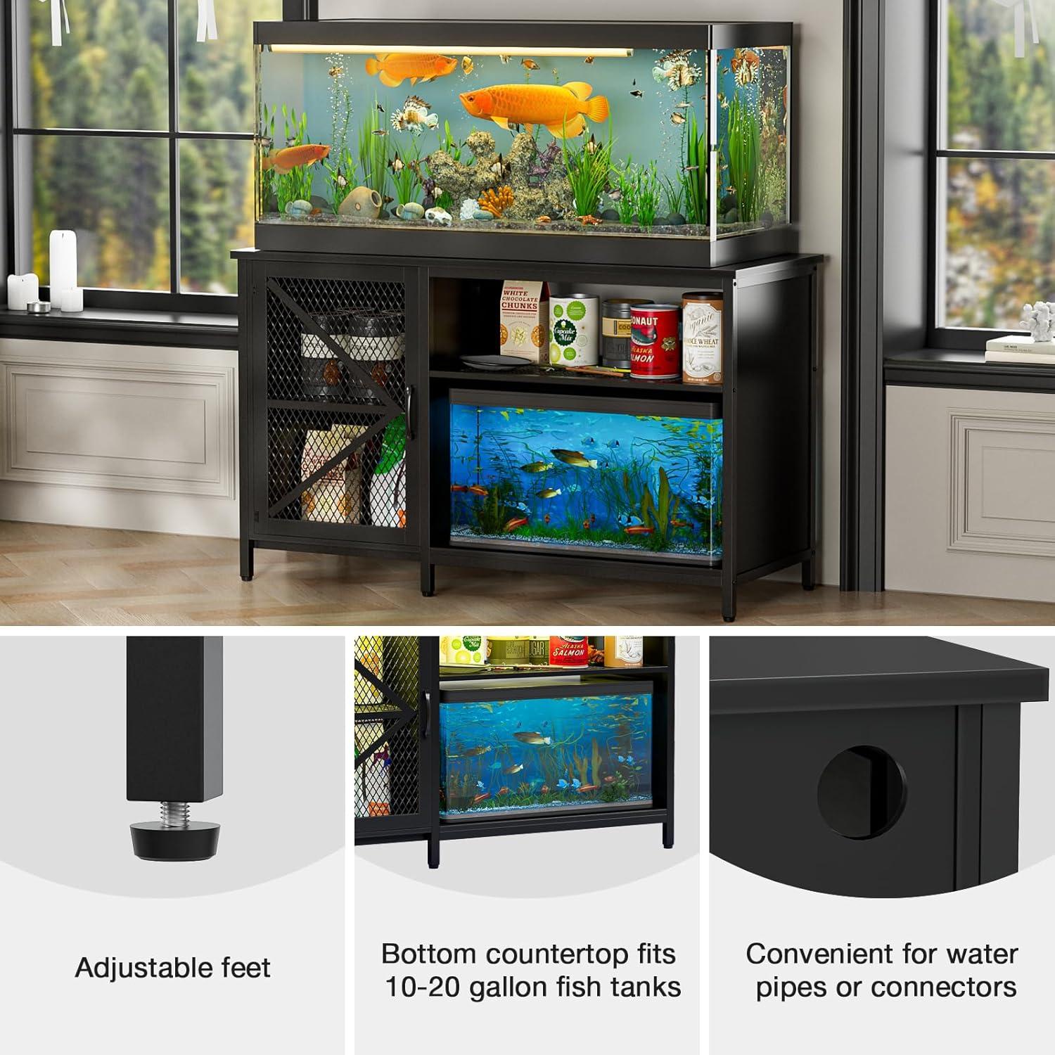 Bestier 55 Gallon Fish Tank Stand Metal Aquarium Stand with Storage Cabinet & Power Outlets LED Light, 750lbs Capacity, Black