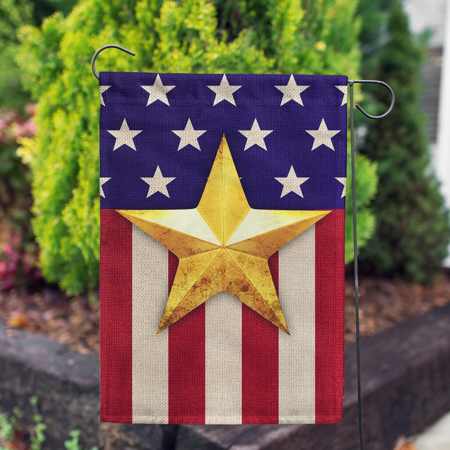 America Forever 4th of July Garden Flag 12.5 x18 Inch Double Sided Yard Outdoor Decorative Independence Day Patriotic Stars and Stripes USA Gold Star American Garden Flag