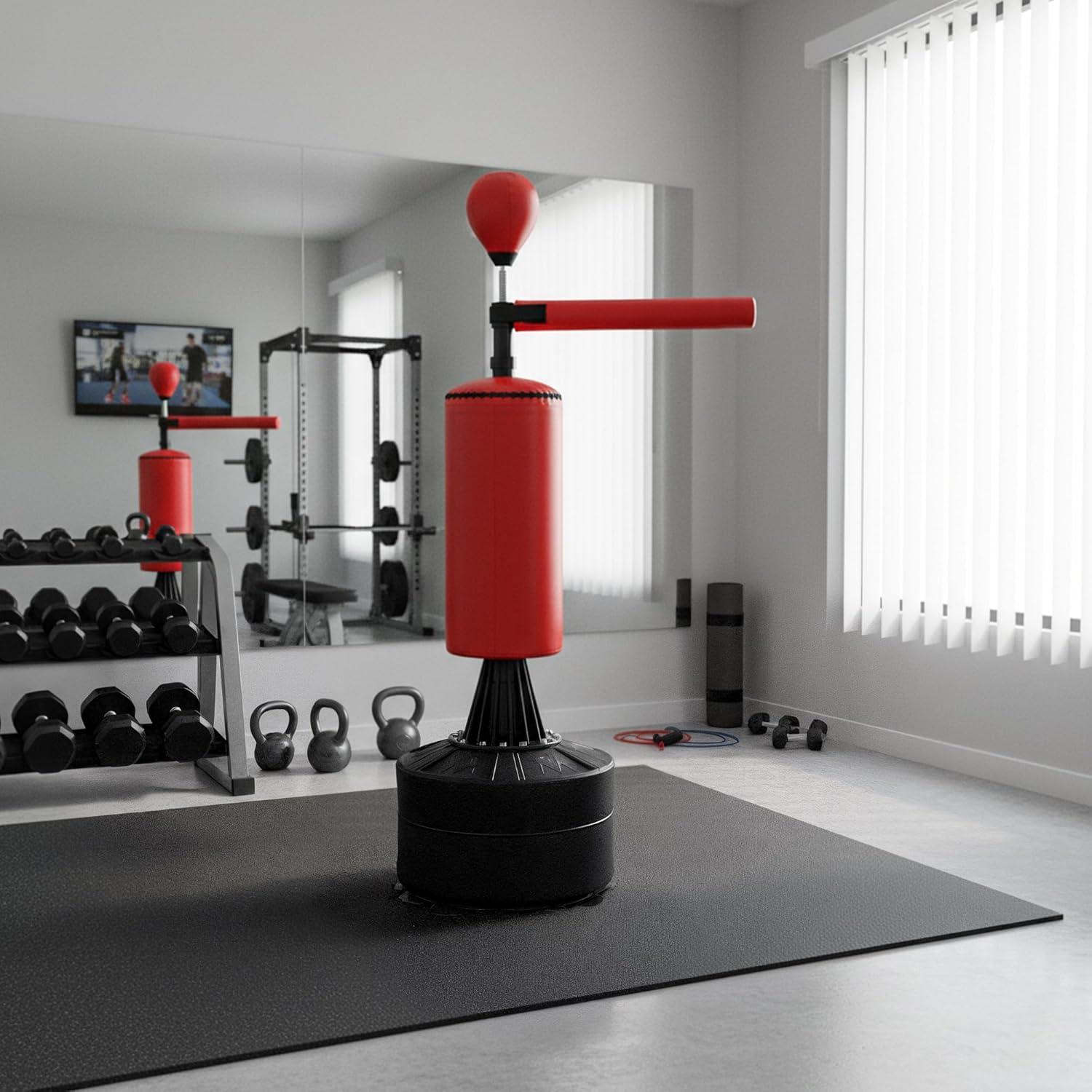 Soozier Boxing Speed Punch Bag Freestanding with Reflex Bar and Gloves Rotating Flexible Arm, Speed Ball, Waterable Base for Adult & Kids, Red