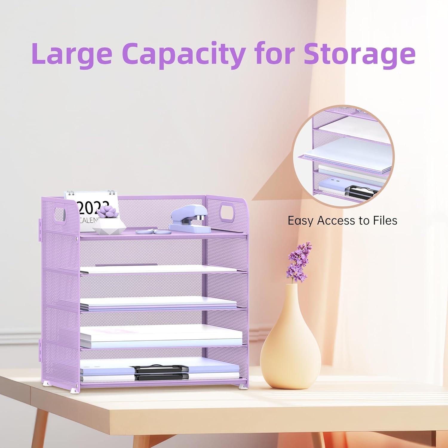 Marbrasse Paper Organizer Letter Tray, 5 Tier Mesh File Organizer with Handle, Paper Sorter Desk Organizer for Home Office Supplies - Purple