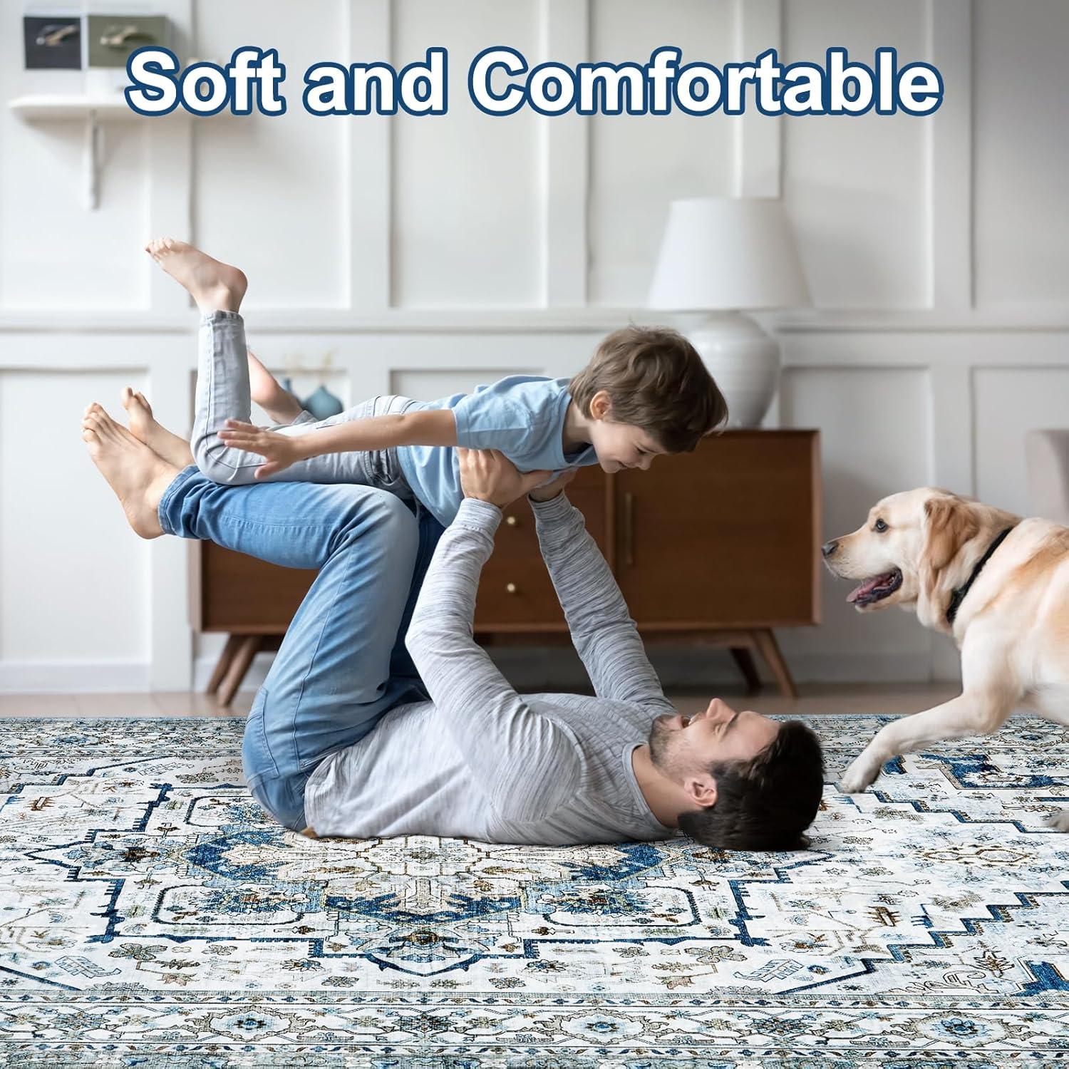 GlowSol 8x10 Floral Area Rug for Living Room Bedroom Retro Distressed Area Rug Traditional Medallion Non-Slip Low Pile Carpet Floor Decoration, Blue