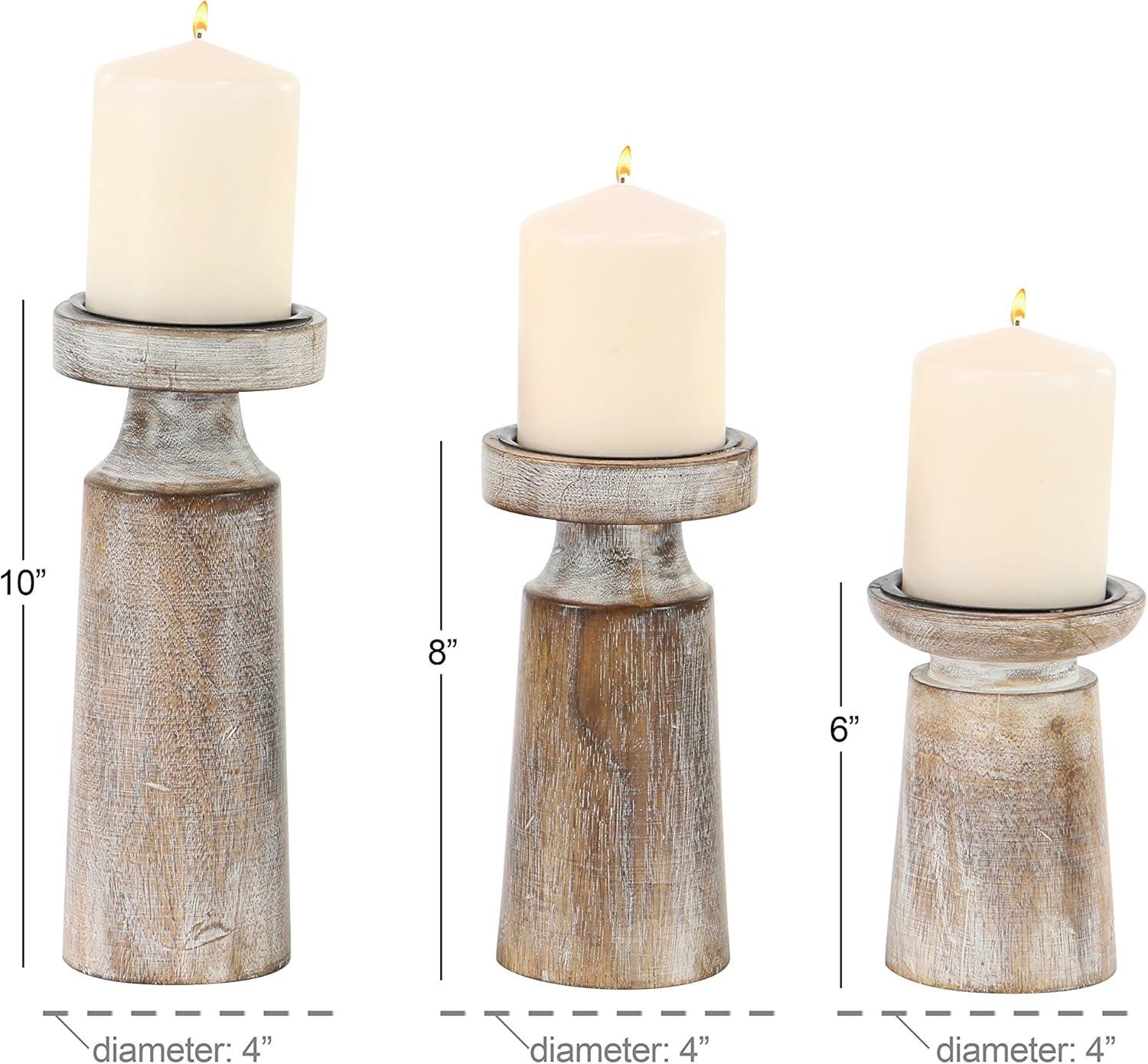 DecMode  Distressed Brown Coastal Mango Wood Candle Holder, Set of 3, 6", 8", 10"H