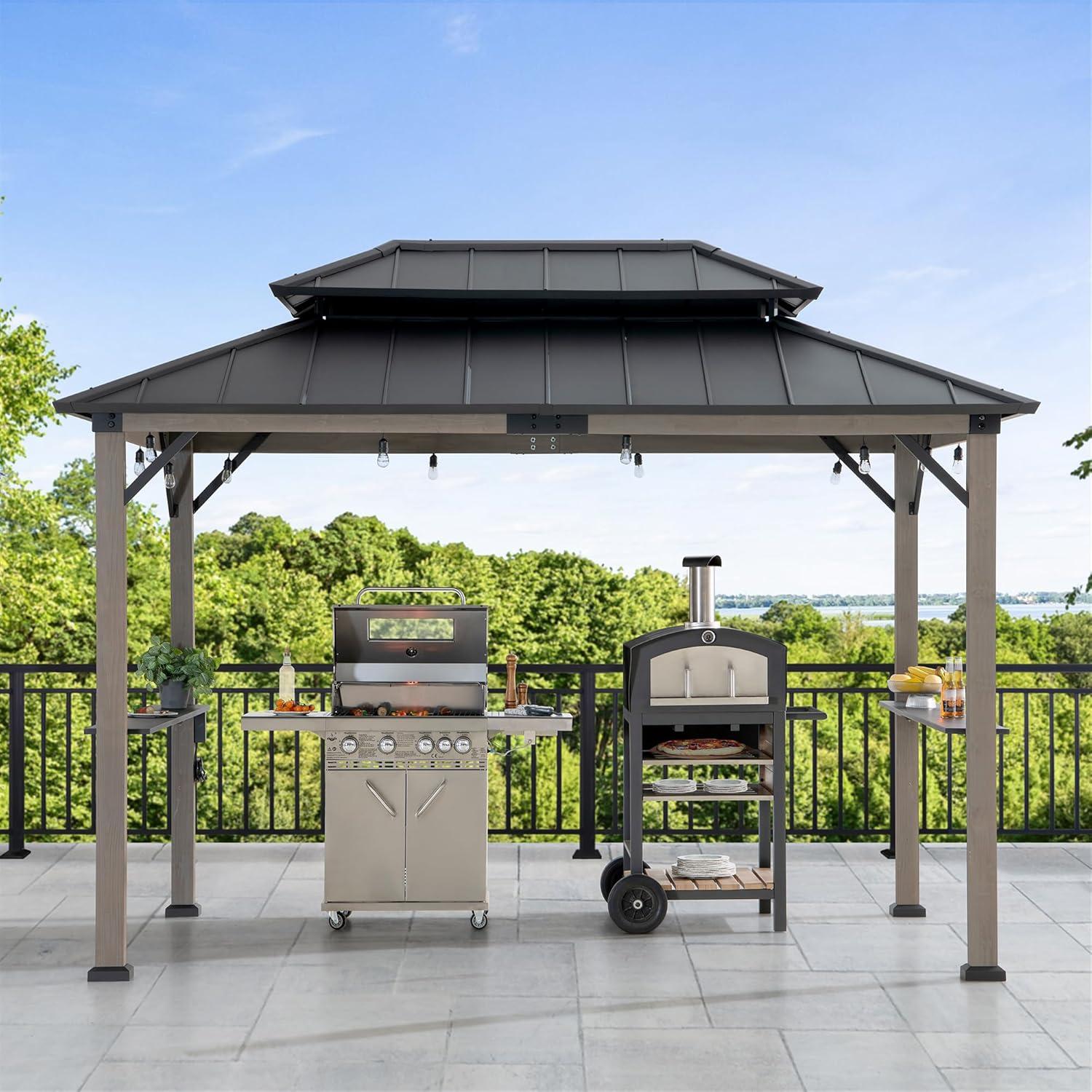 Sunjoy 8 x 12 ft Black Cedar and Steel Grill Gazebo