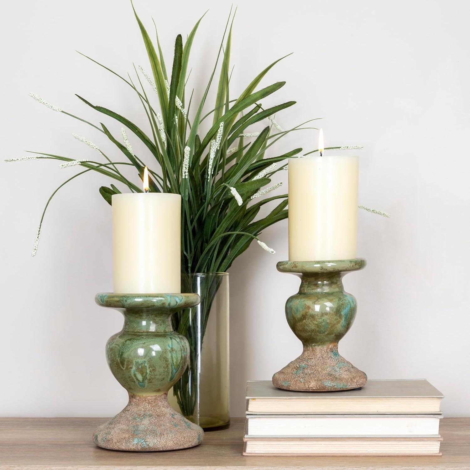 Distressed Green Ceramic Sculptural Pillar Candle Holder