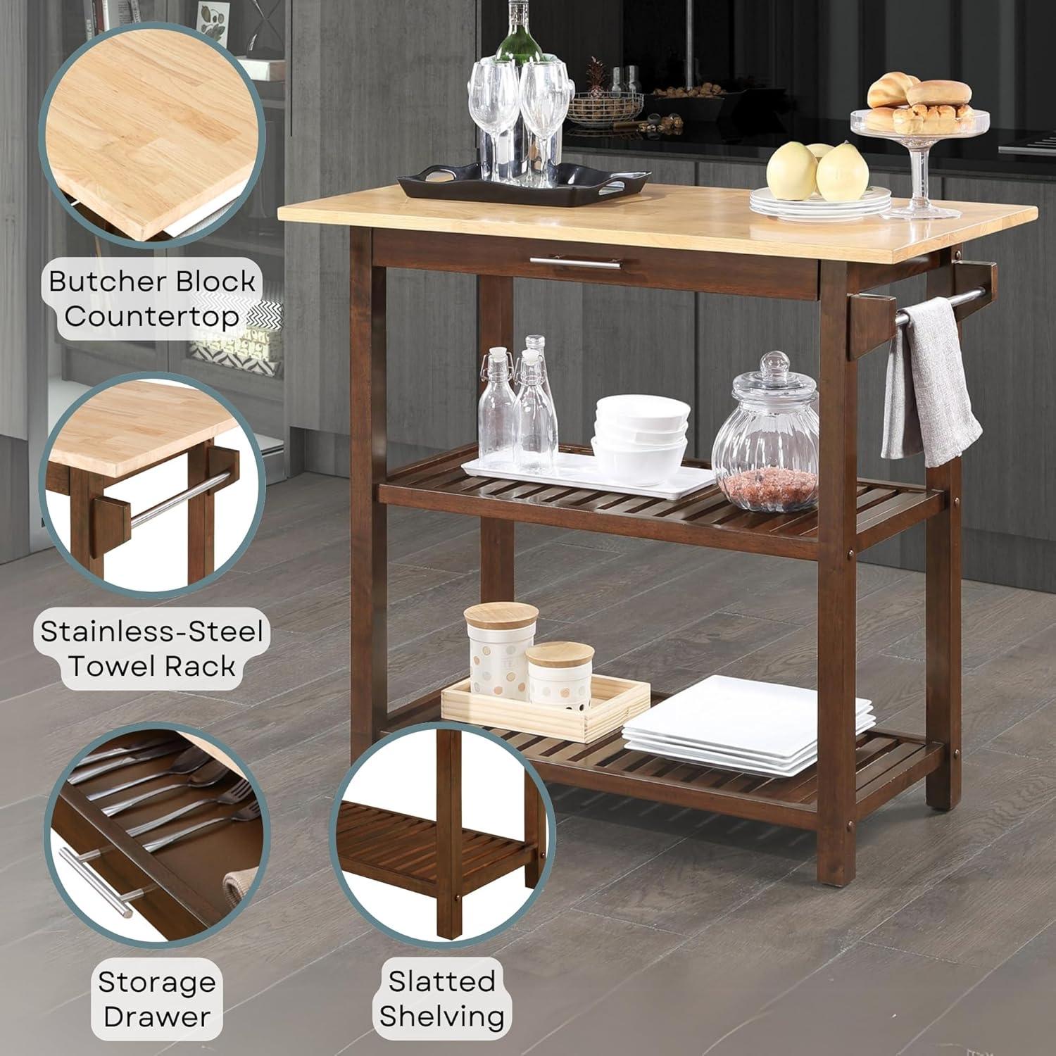 Convenience Concepts Designs2Go 3 Tier Butcher Block Kitchen Prep Island with Drawer, Espresso/Butcher Block