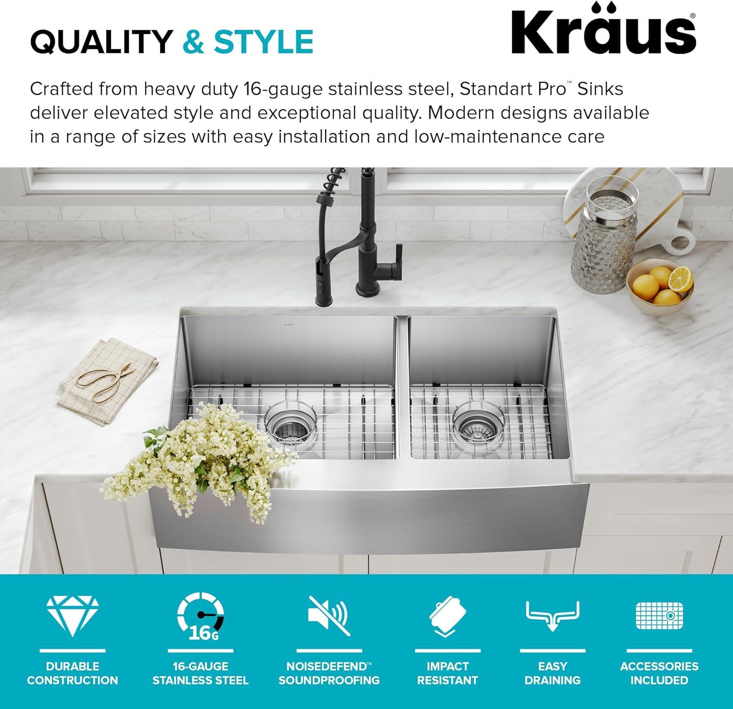 KRAUS Standart Pro Apron Front Farmhouse 16 Gauge Single Bowl Stainless Steel Kitchen Sink