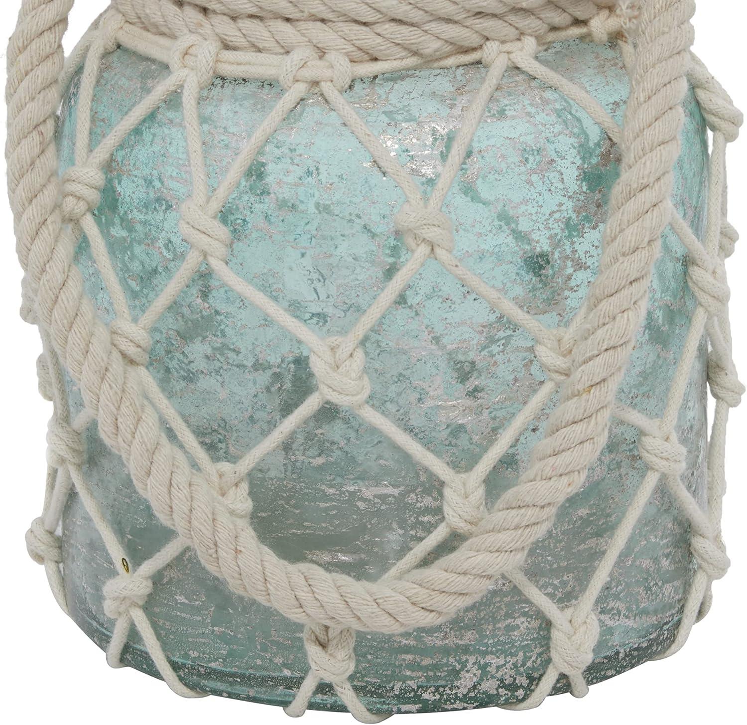 DecMode Blue Glass Decorative Candle Lantern with Rope Handle