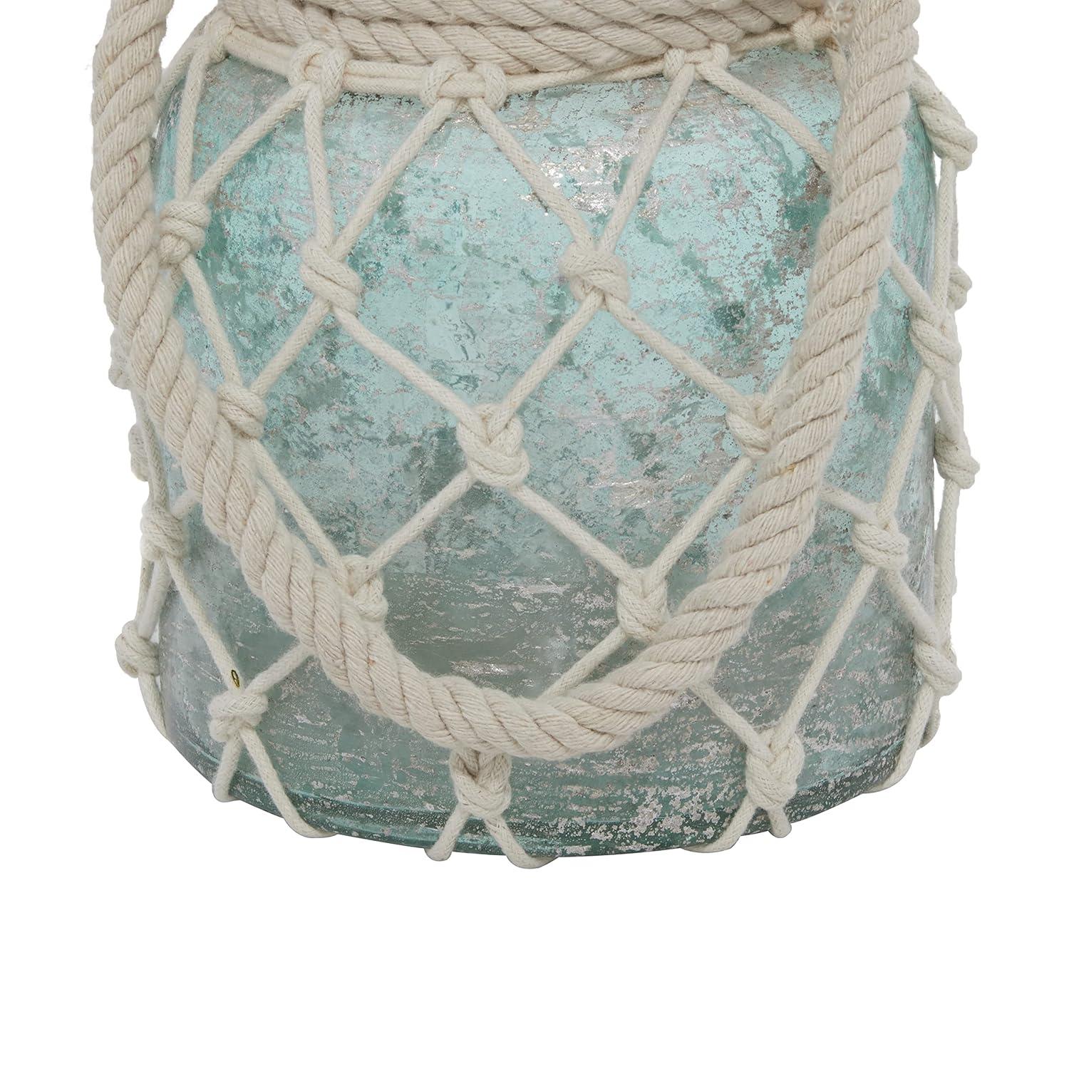 DecMode Blue Glass Decorative Candle Lantern with Rope Handle