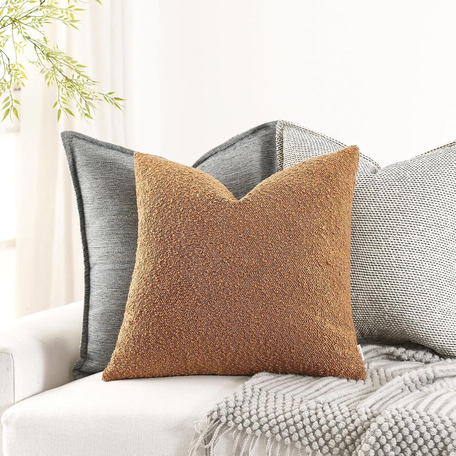 Boucle Decorative Throw Pillow Covers for Couch Set of 2, 18x18 inches, Beige