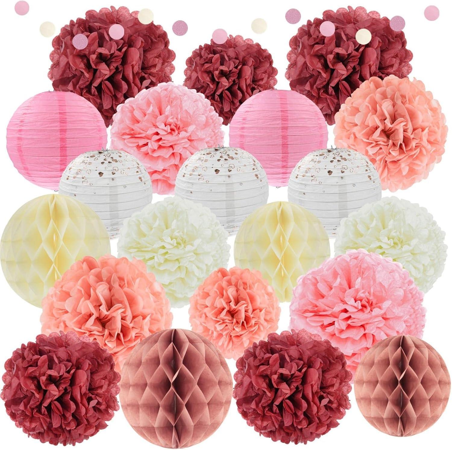 EpiqueOne 22-Piece Tissue Paper Pom Poms and Paper Lantern Party Kit - Add a Splash of White, Pink, & Mauve to Your Celebrations!