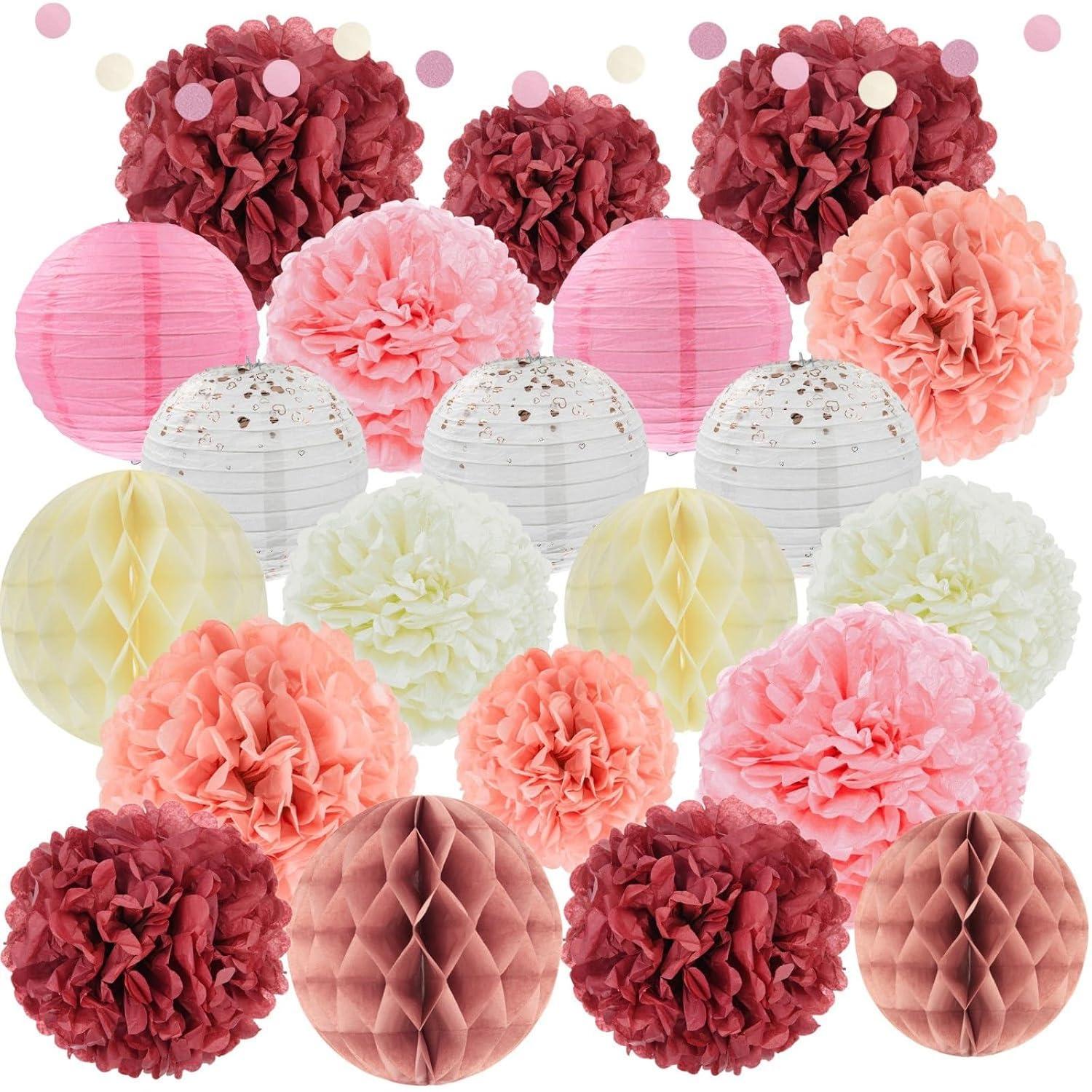 EpiqueOne 22-Piece Tissue Paper Pom Poms and Paper Lantern Party Kit - Add a Splash of White, Pink, & Mauve to Your Celebrations!