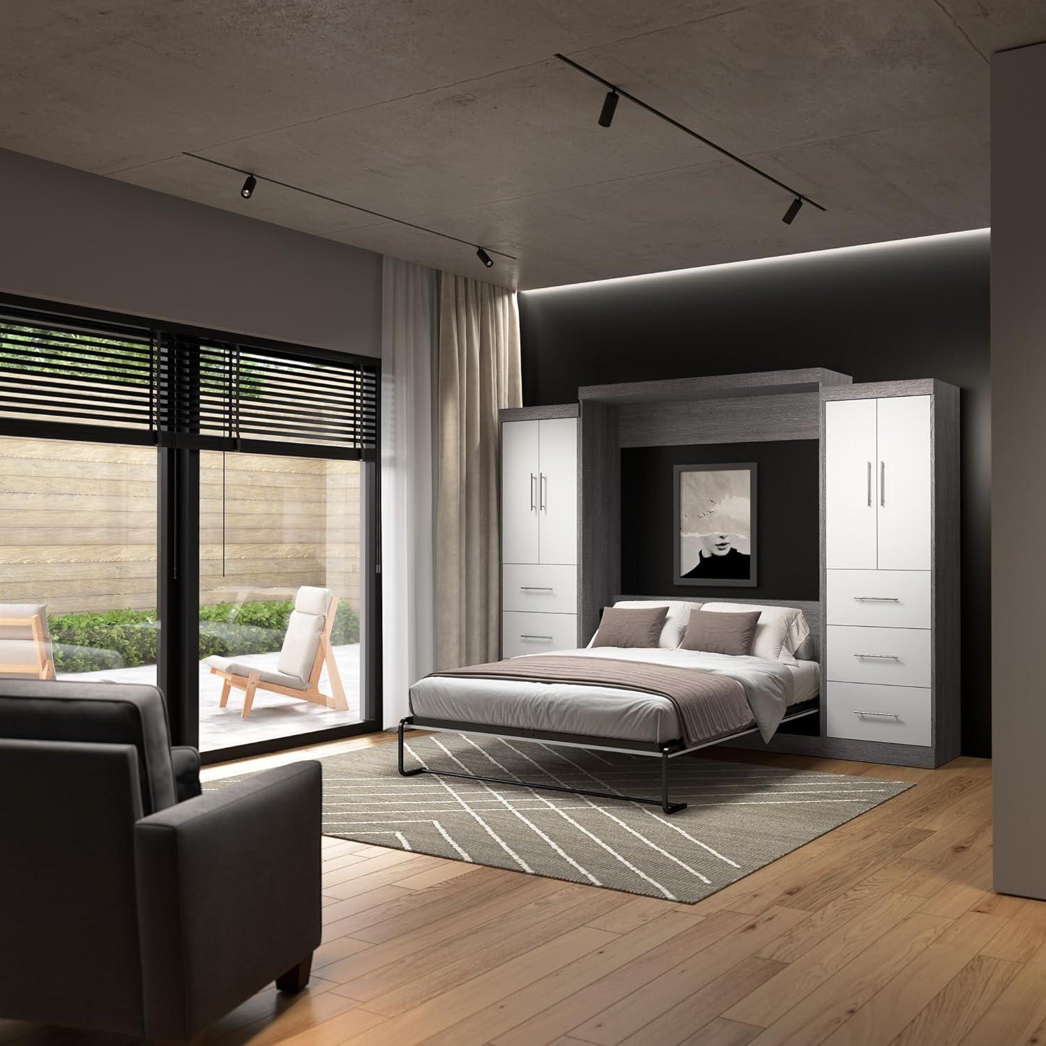 Bestar Nebula 65W Queen Murphy Bed in Bark Gray and White, Sleeping Arrangement for Multipurpose Room