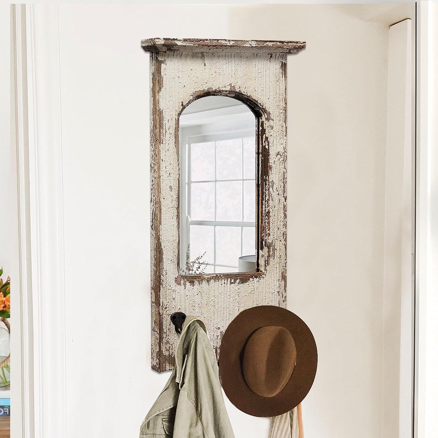 Sintosin Rustic Entryway Arched Wall Mirrors with 3 Metal Hooks 12" x 22", Hanging Distressed White Wood Frame Farmhouse Bathroom Mirrors for Vanity, Vintage Large Ornate Mirror Wall Decor Living Room