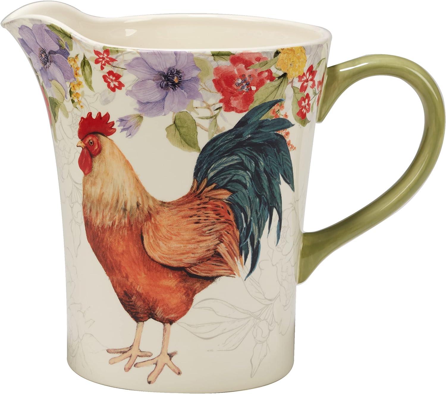 Multicolor Ceramic Floral Rooster Beverage Server, 112 oz