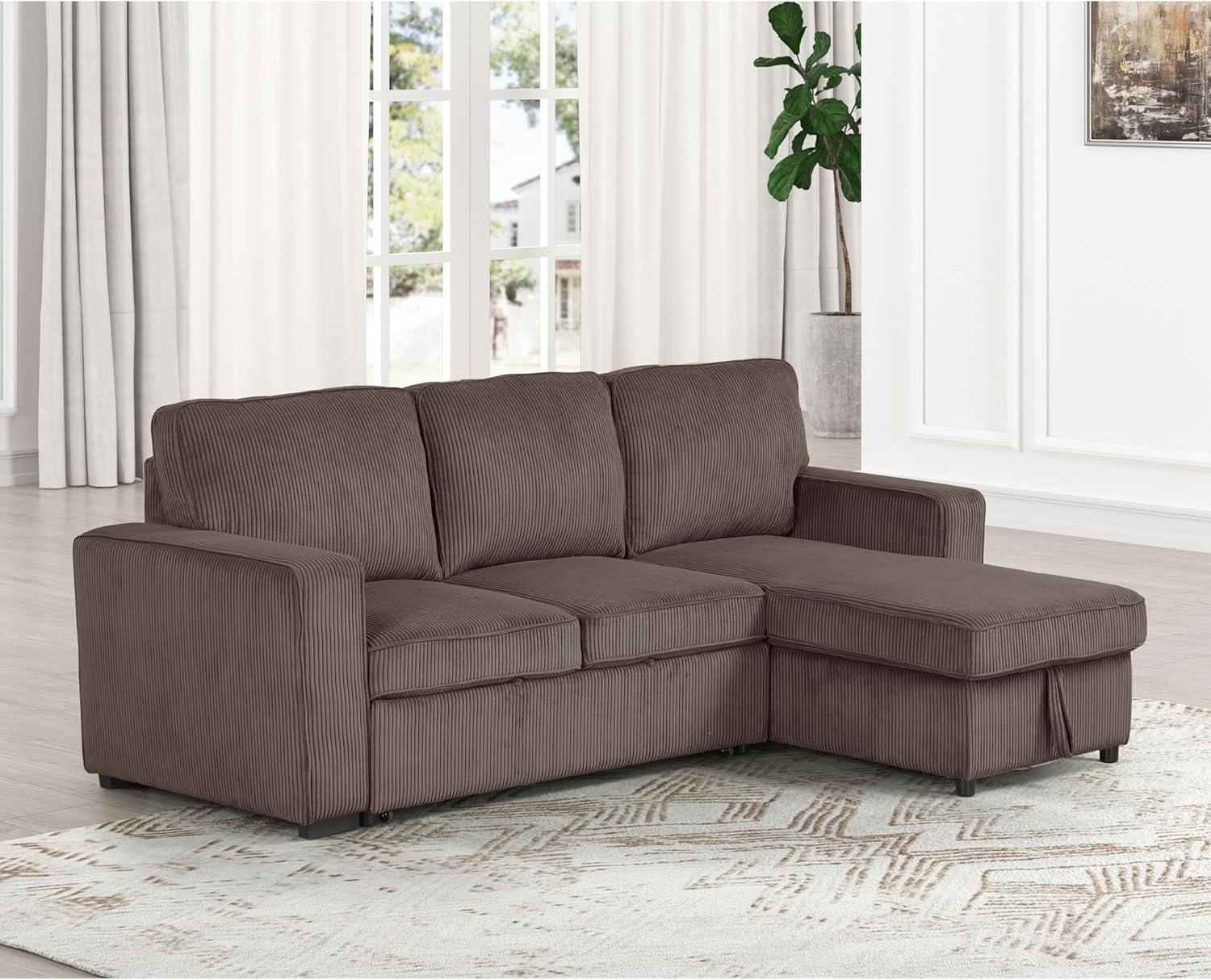 HOMES: Inside + Out Paeke Sleeper Sectional Sofa Corduroy with Storage Chaise and Reversible Brown