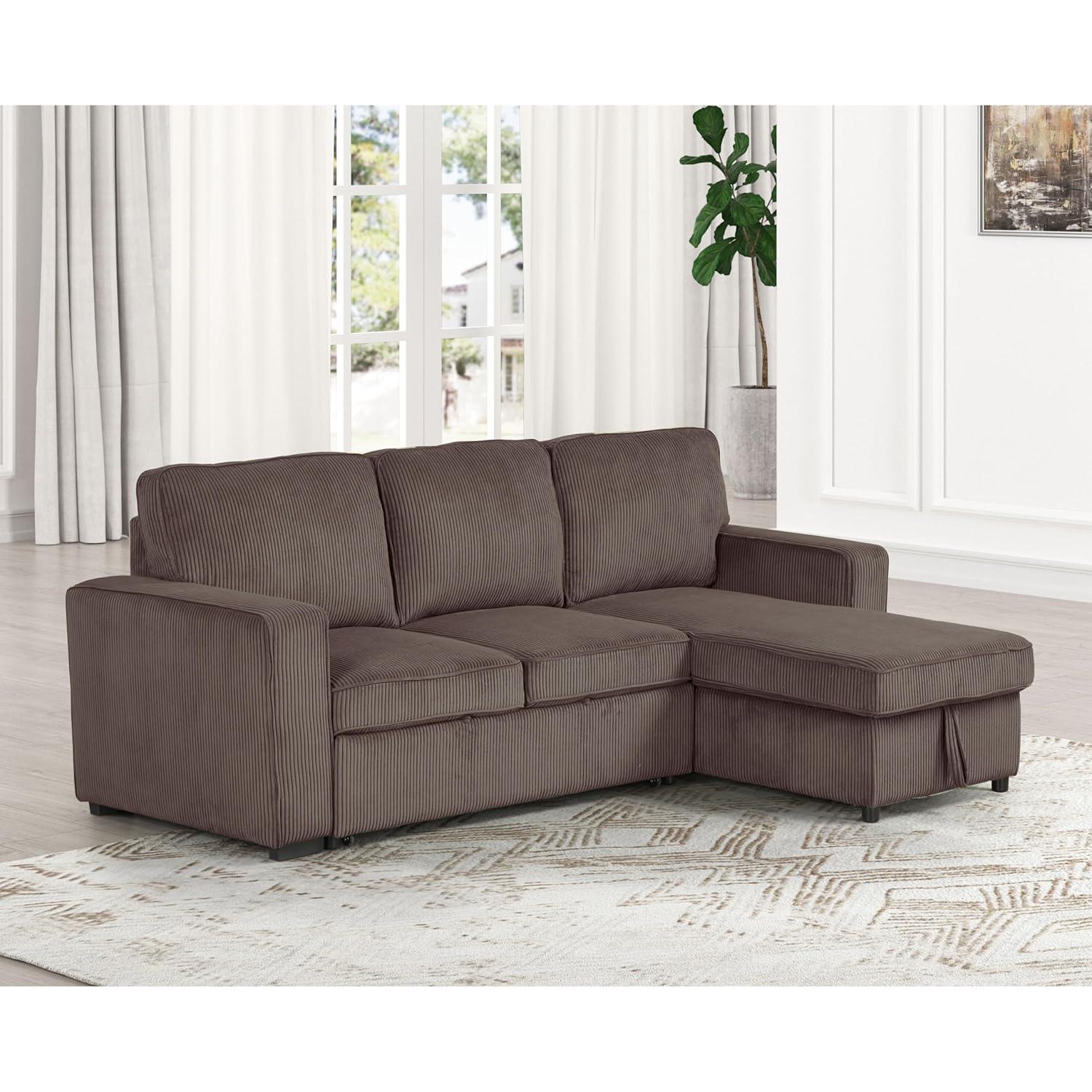 HOMES: Inside + Out Paeke Sleeper Sectional Sofa Corduroy with Storage Chaise and Reversible Brown