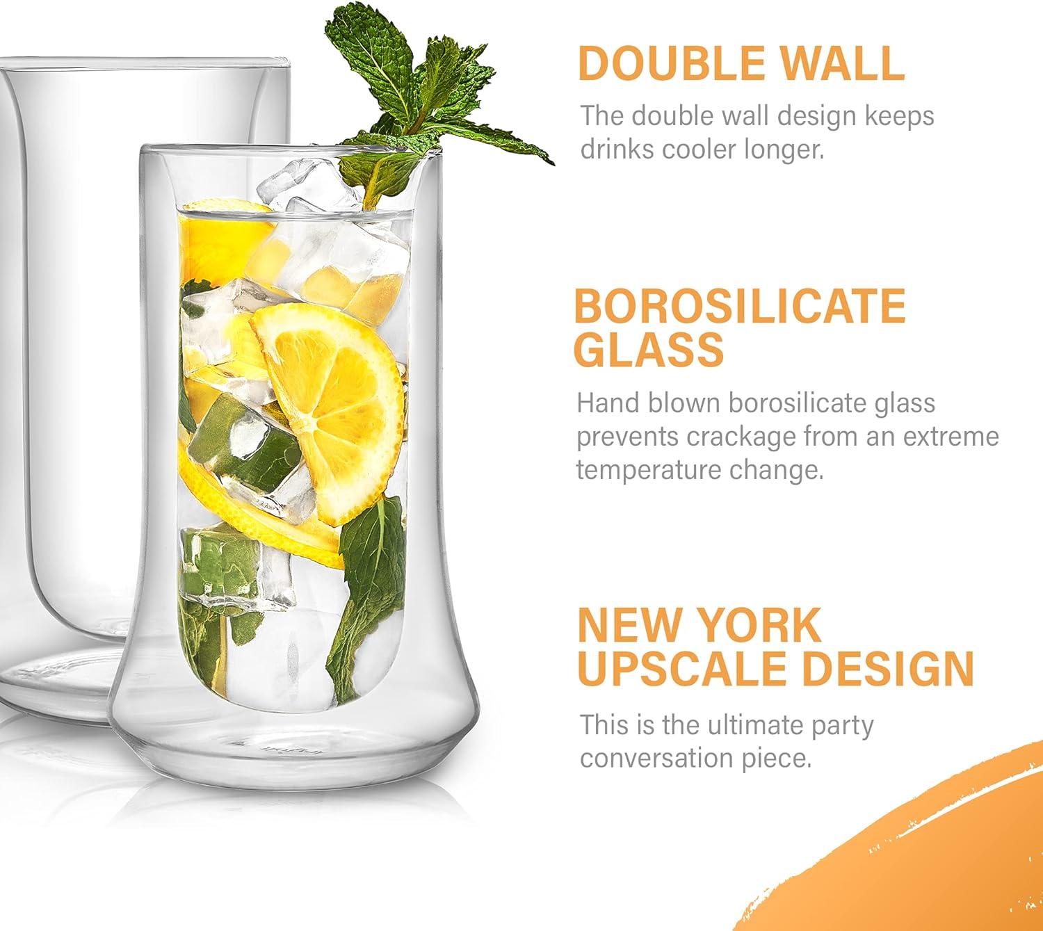 JoyJolt Cosmo Double Wall Highball Glasses – Set of 2 Insulated Glass Tumbler for Cocktails - 10 oz