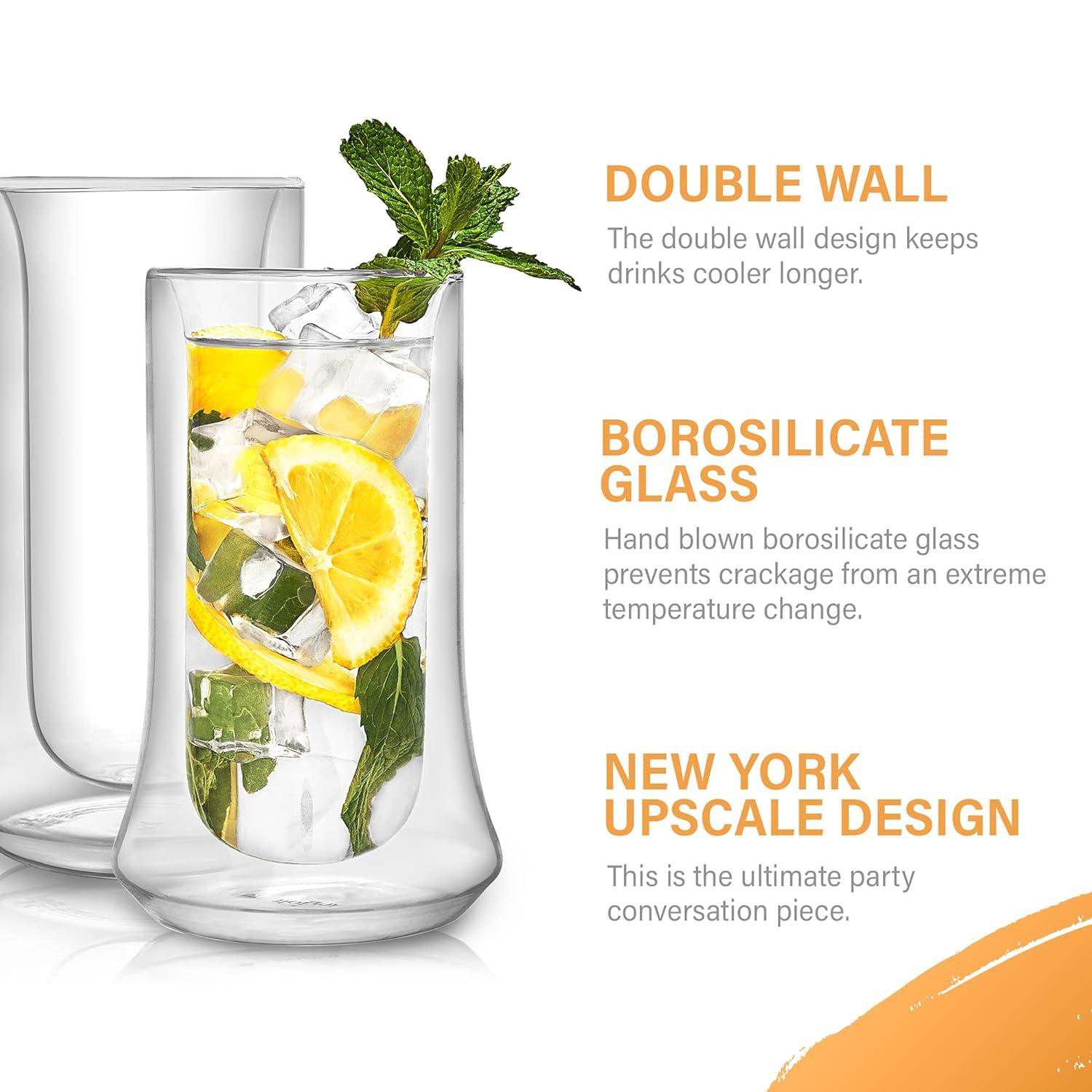 JoyJolt Cosmo Double Wall Highball Glasses – Set of 2 Insulated Glass Tumbler for Cocktails - 10 oz