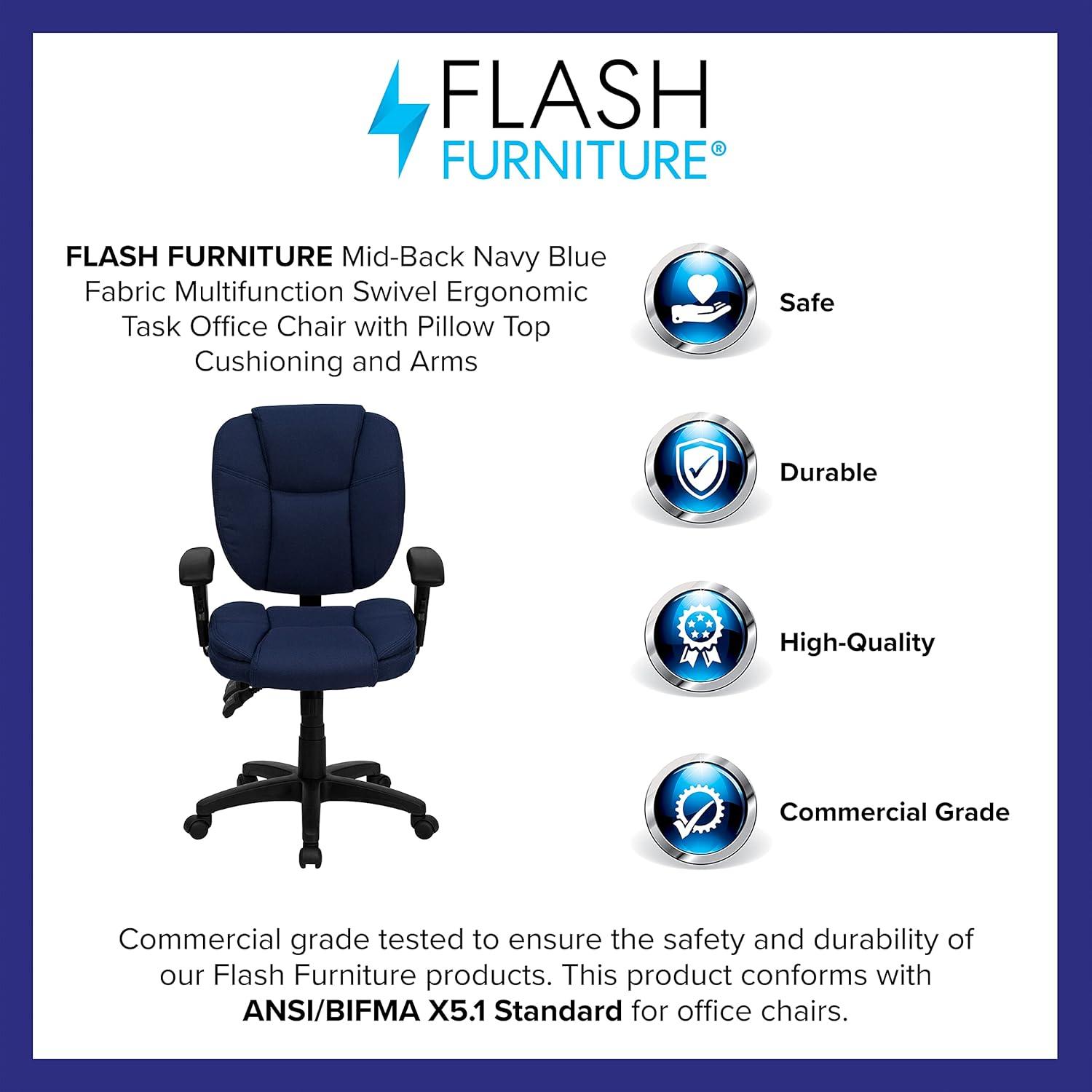 Flash Furniture Mid-Back Multifunction Swivel Ergonomic Task Office Chair with Pillow Top Cushioning and Adjustable Arms