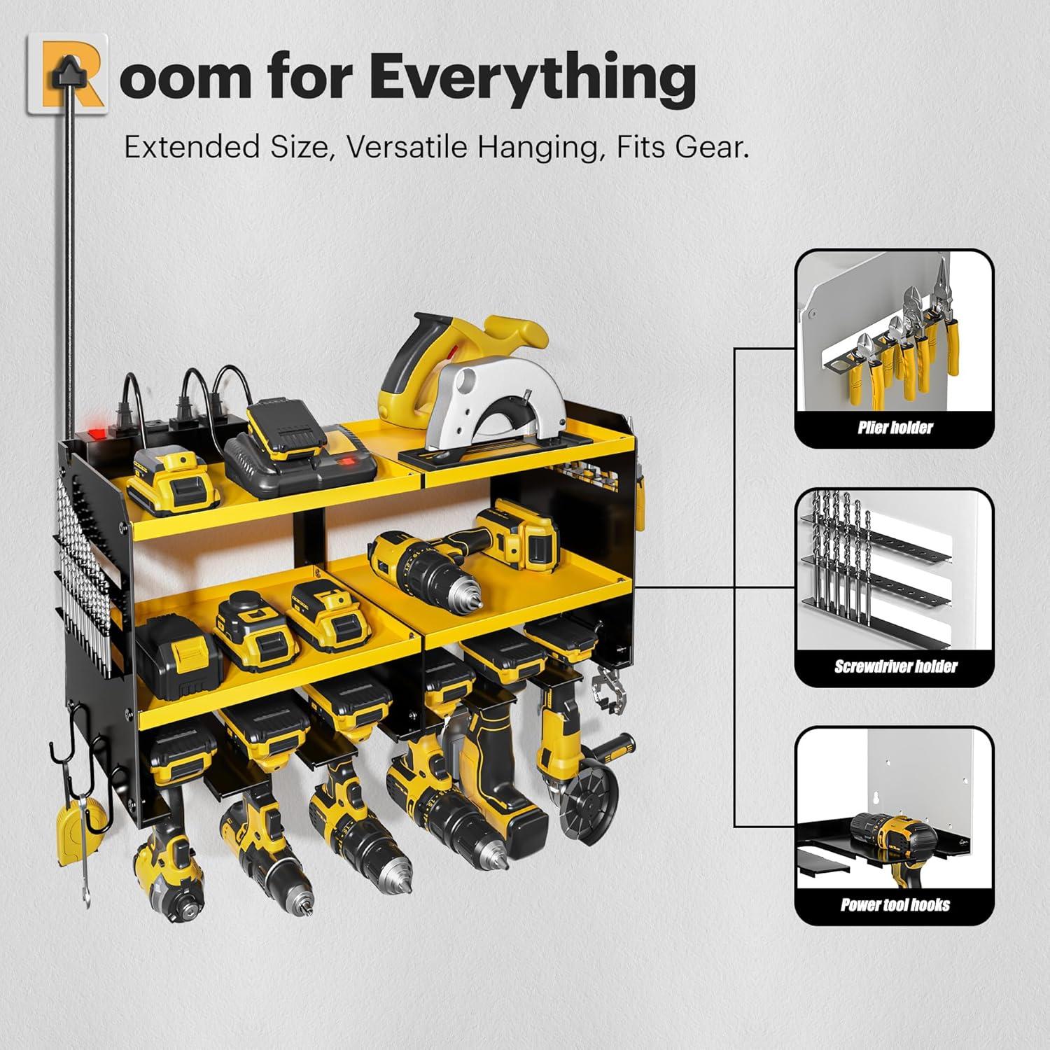 Spampur Power Tool Organizer Wall Mount with Charging Station, Garage Tool Shelf 6 Drill Holders, Tool Battery Holder with Plier holder Heavy Duty Rack, Tool Storage Rack with 4 Outlet Power Strip
