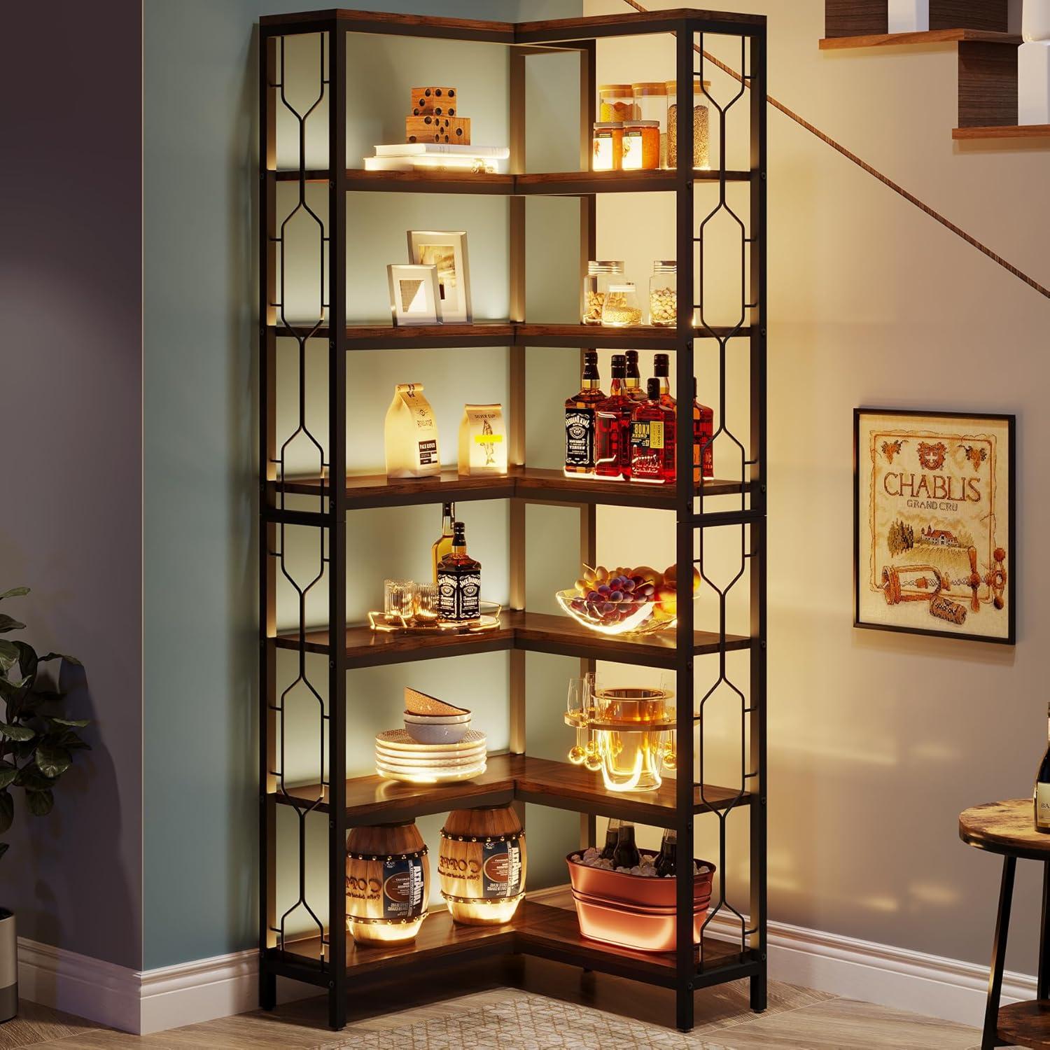 Rustic Brown 7-Tier Wood and Metal Corner Bookshelf