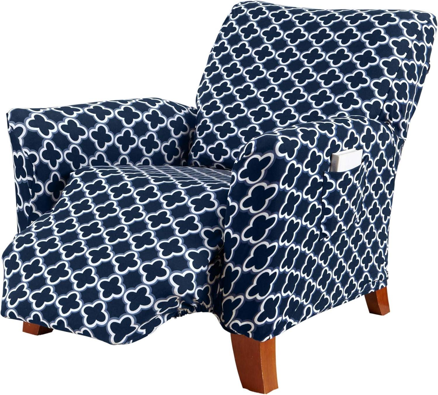 Navy Stretch Printed Twill Recliner Slipcover