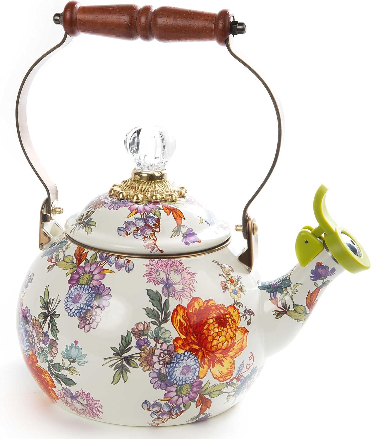 Extra Small Floral Enamel Whistling Tea Kettle with Wooden Handle