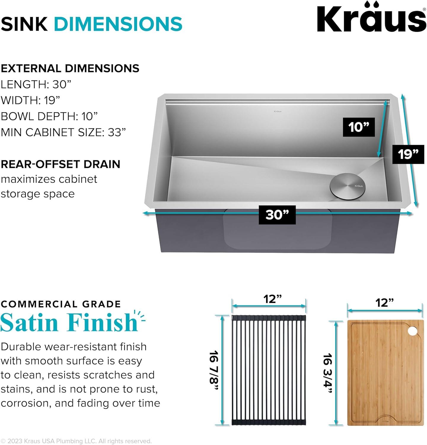 KRAUS Kore™ Workstation 30-inch L Undermount 16 Gauge Single Bowl Stainless Steel Kitchen Sink with Accessories