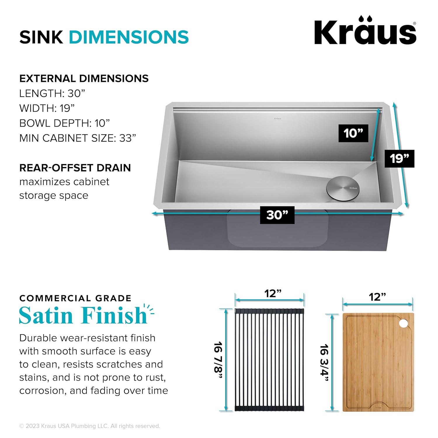 KRAUS Kore™ Workstation 30-inch L Undermount 16 Gauge Single Bowl Stainless Steel Kitchen Sink with Accessories