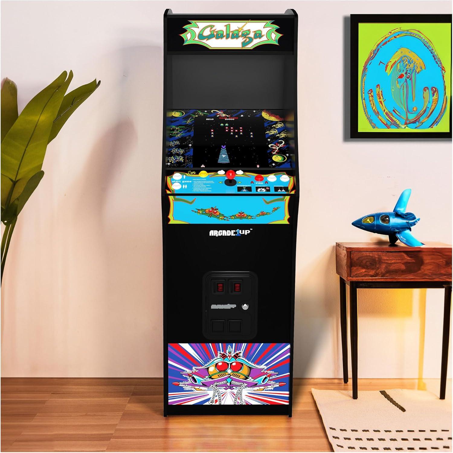 Arcade1Up Galaga Deluxe Arcade Machine with 14 Games Bundled with Adjustable Stool, Wi-Fi Leaderboards, 17" Monitor, Light Up Marquee, Black