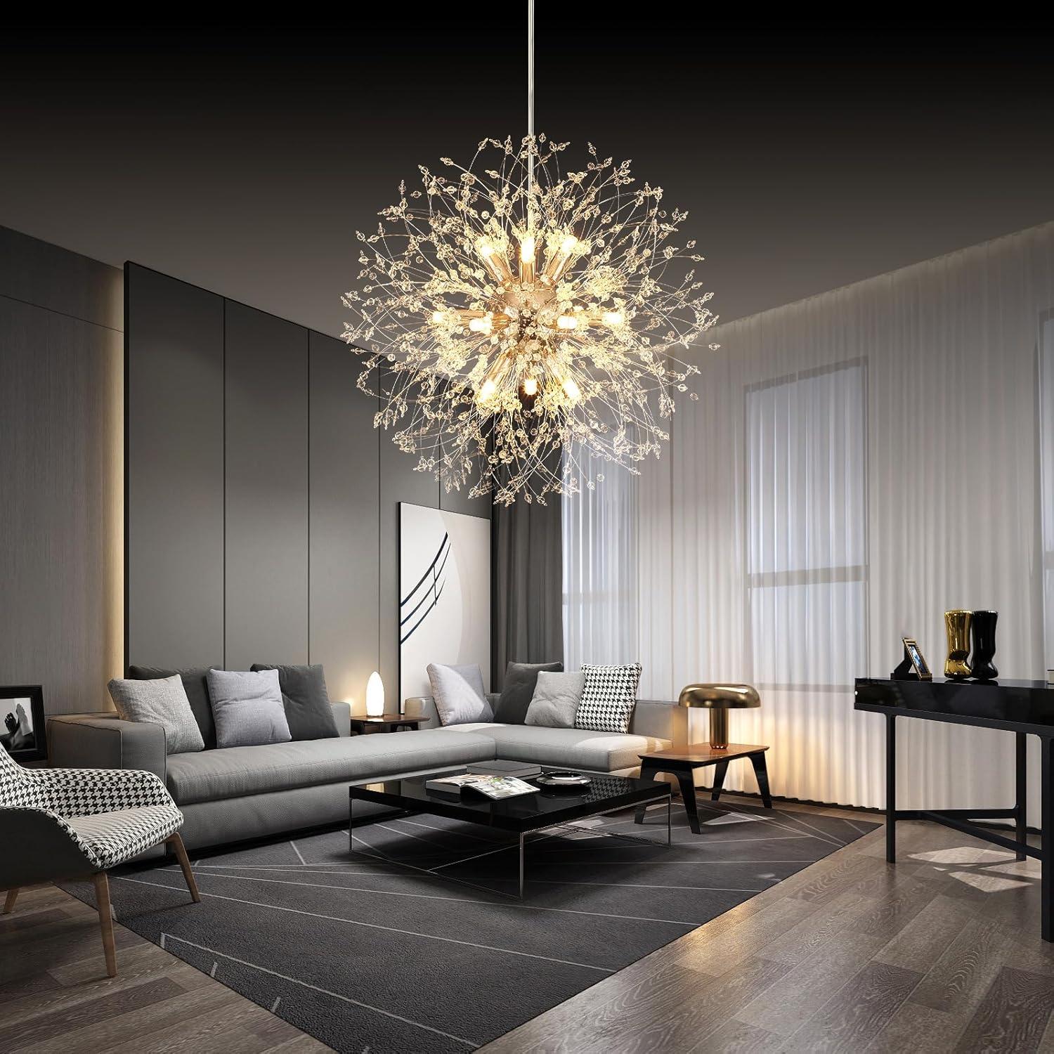 Mercer41 Modern Gold Crystal Chandelier With 12-Light Firework Design, Adjustable Dandelion Pendant Lighting For Dining Room, Living Room, Bedroom, Kitchen, And Hallway