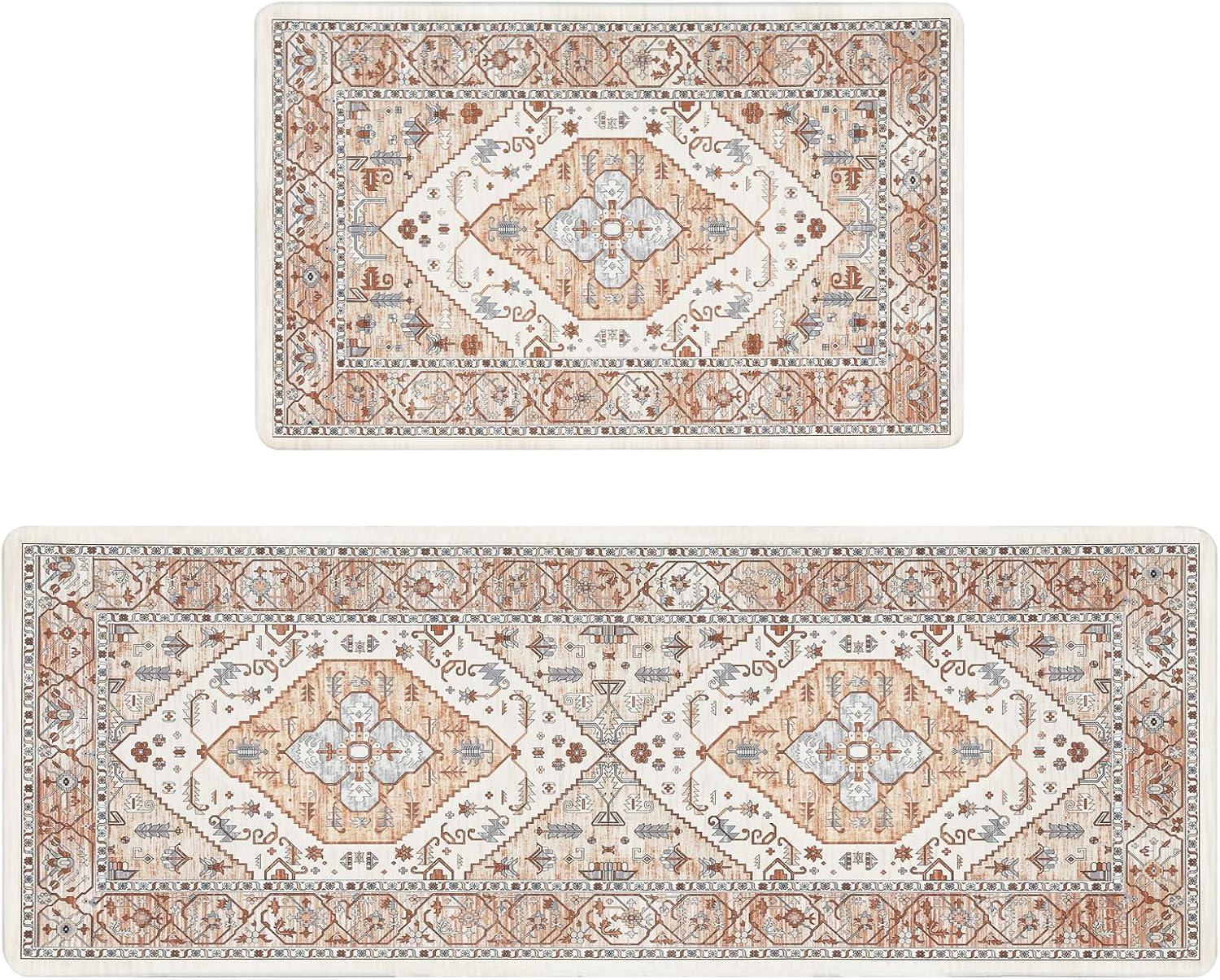 Pauwer Anti Fatigue Kitchen Mats for Floor 2 Piece Set, Cushioned Memory Foam Rug, Non Slip Runner Rug Carpet, Waterproof Sink Area Comfort Standing Mat Laundry Beige