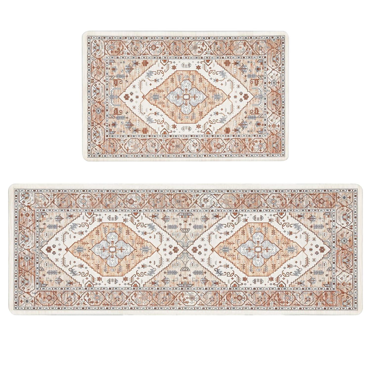 Pauwer Anti Fatigue Kitchen Mats for Floor 2 Piece Set, Cushioned Memory Foam Rug, Non Slip Runner Rug Carpet, Waterproof Sink Area Comfort Standing Mat Laundry Beige