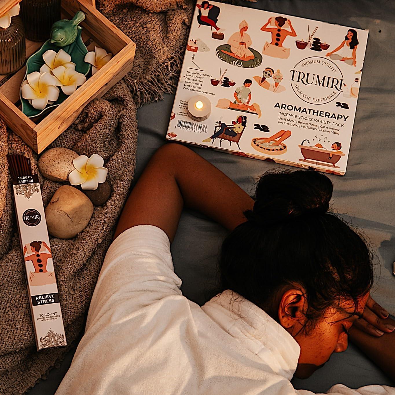 Trumiri Incense Sticks - Aroma Sticks - Total 120 Insence-Sticks (20 Insense x 6 Incence) - Calm Anxiety, Positive Vibes, Meditation, Get Energized, Relieve Stress, Uplift Mood with Incense Holder