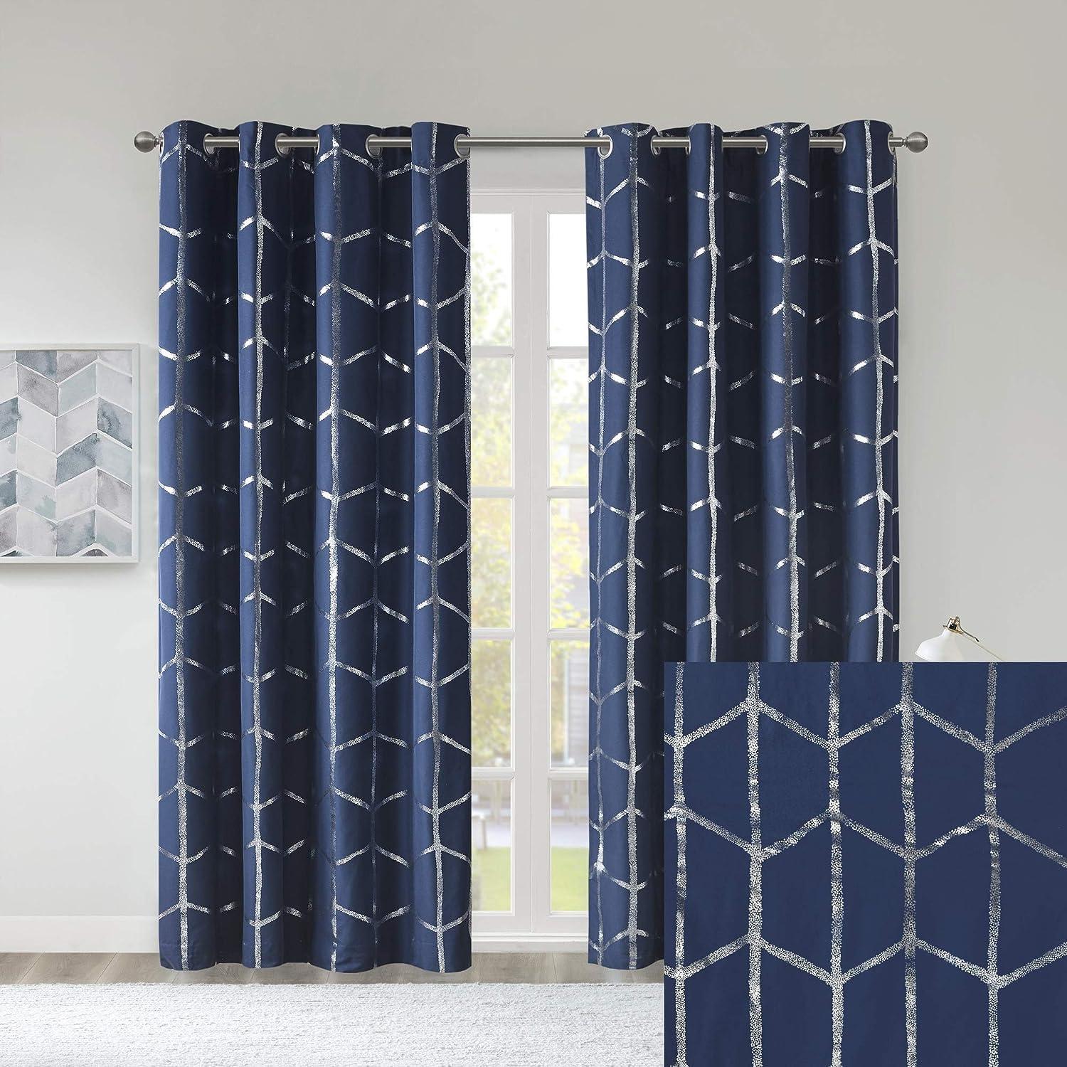 63"x50" Arielle Total Blackout Metallic Printed Curtain Panel Navy: Intelligent Design, Geometric Grommet Top, Energy Efficient