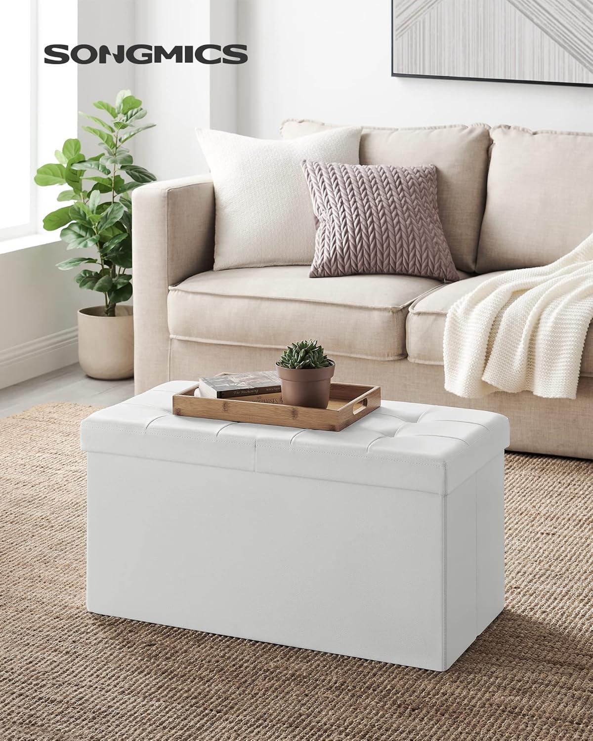 SONGMICS 30 Inches Folding Storage Ottoman Bench with Flipping Lid White